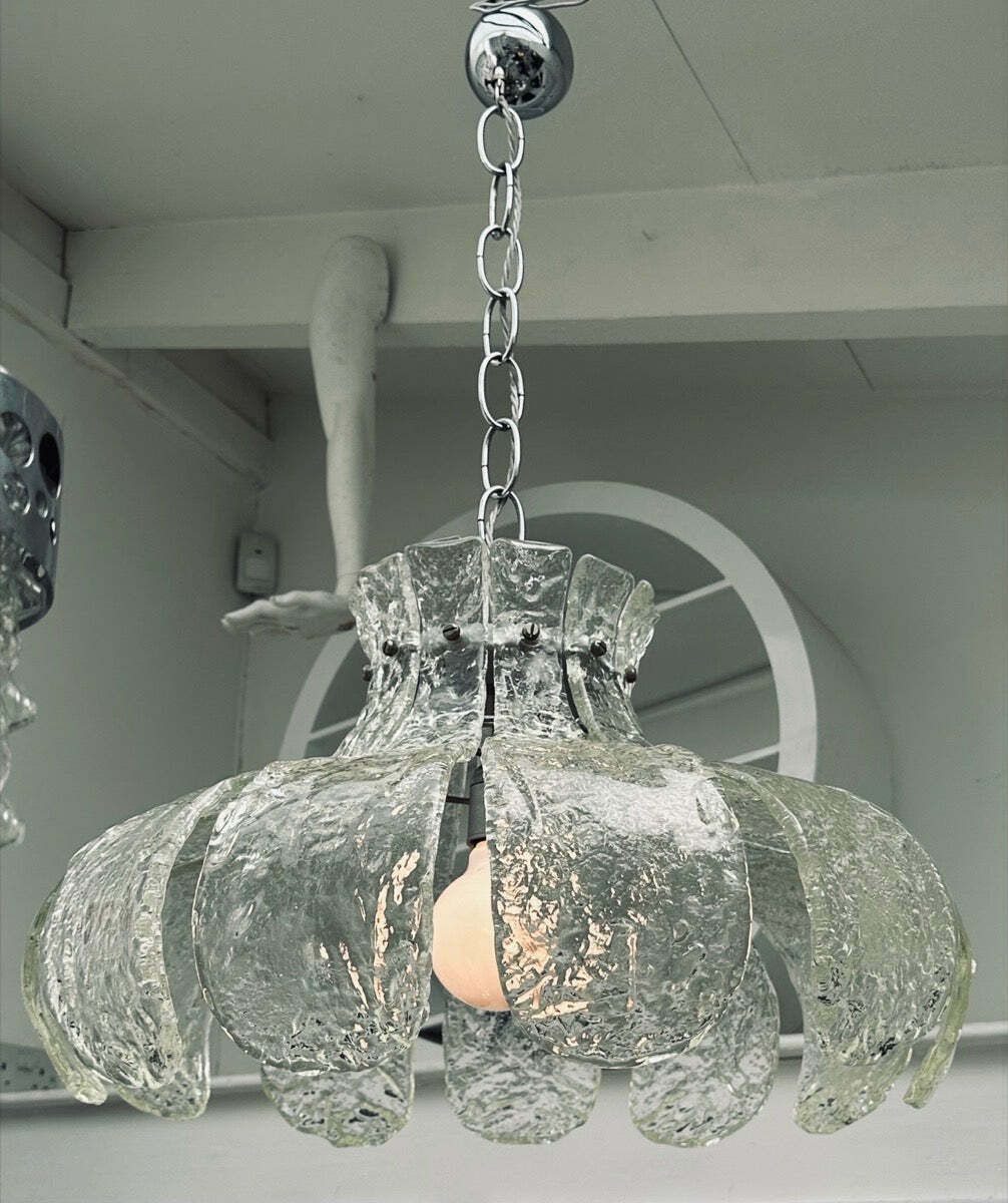 1960s Italian Carlo Nason For Mazzega Murano Clear Textured Petal Glass & Chrome Chandelier photo 1650.0