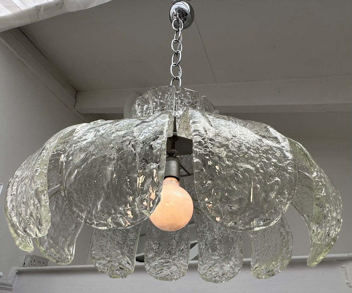 photo furniture 1960s Italian Carlo Nason For Mazzega Murano Clear Textured Petal Glass & Chrome Chandelier