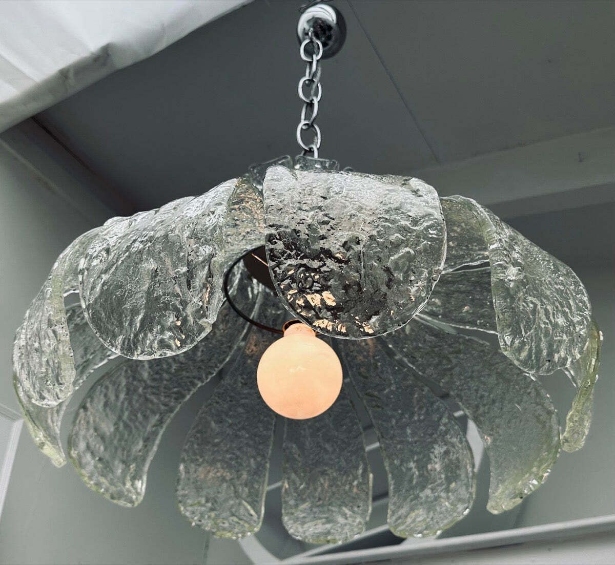 photo for sale 1960s Italian Carlo Nason For Mazzega Murano Clear Textured Petal Glass & Chrome Chandelier