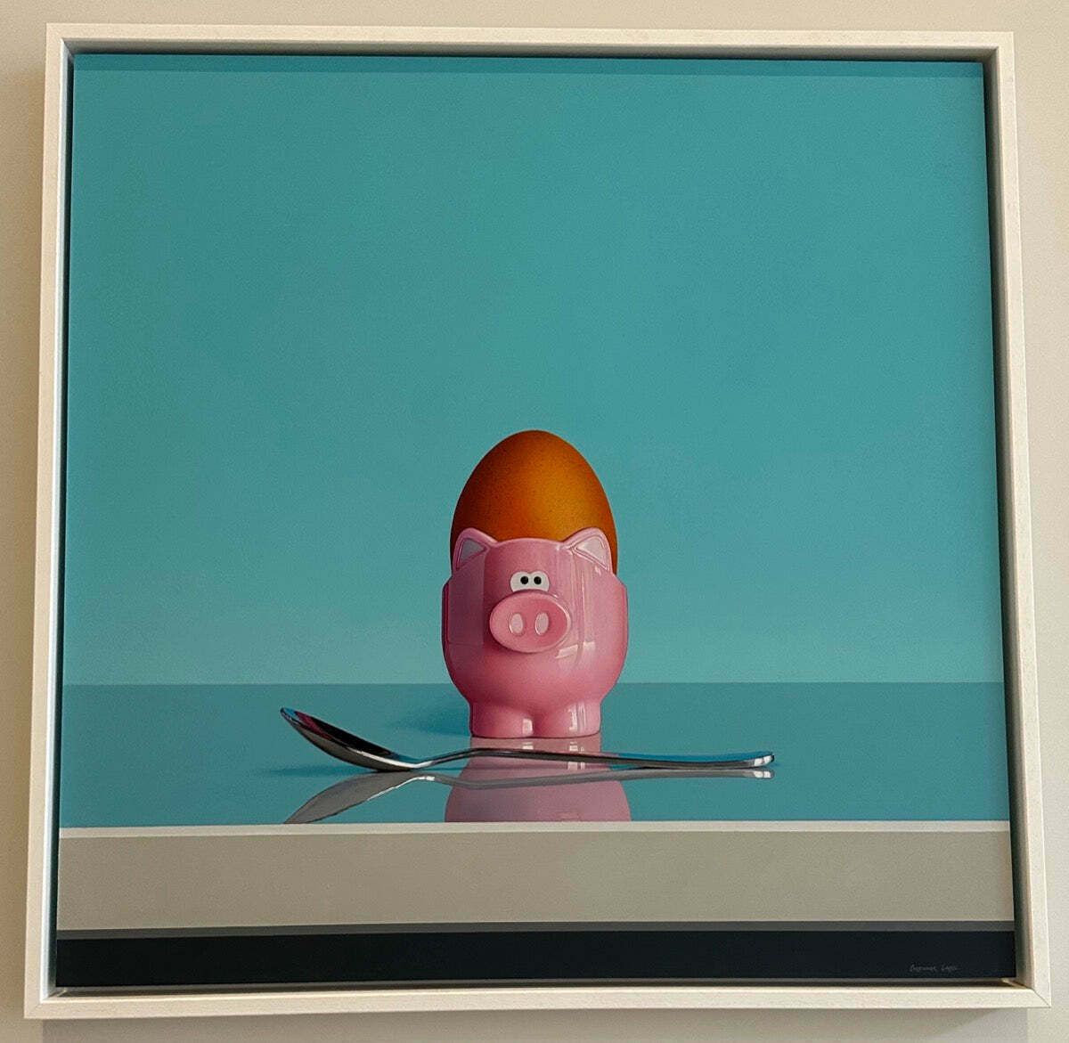 Original Pink Pig Egg Cup & Spoon Oil On Board Still Life Painting By Artist Christopher Green photo furniture