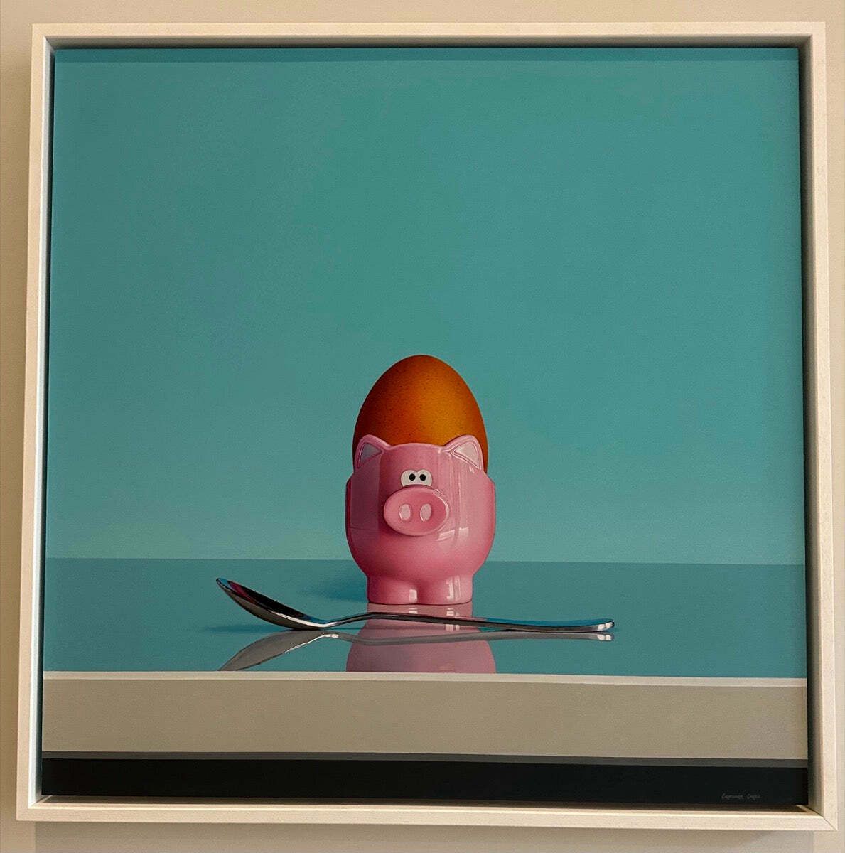 Original Pink Pig Egg Cup & Spoon Oil On Board Still Life Painting By Artist Christopher Green photo Art