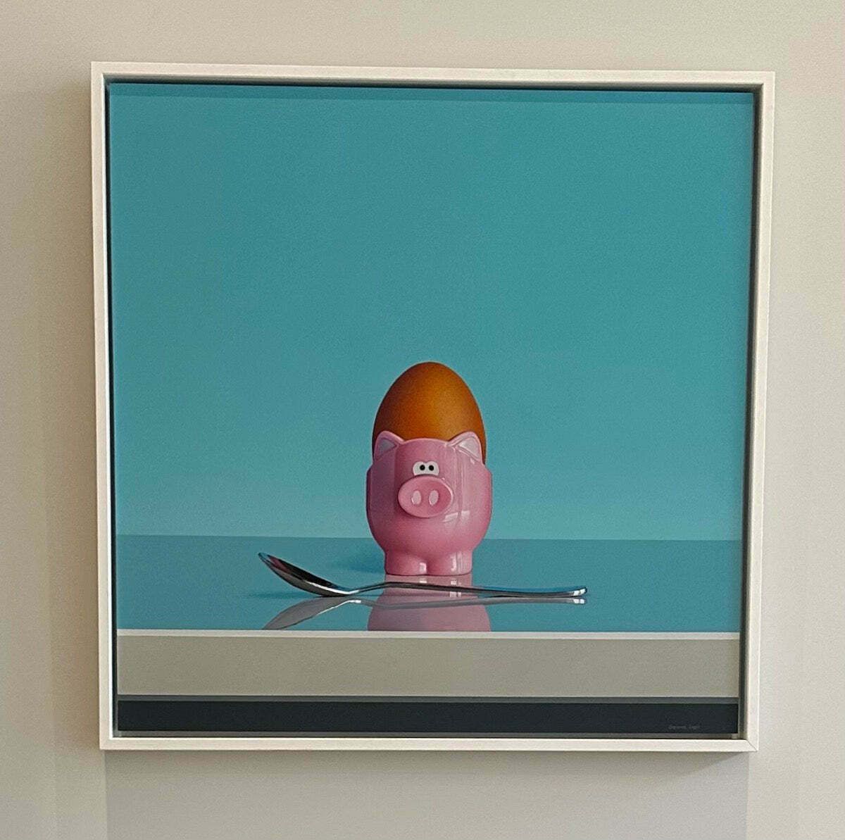 Original Pink Pig Egg Cup & Spoon Oil On Board Still Life Painting By Artist Christopher Green photo vinterior