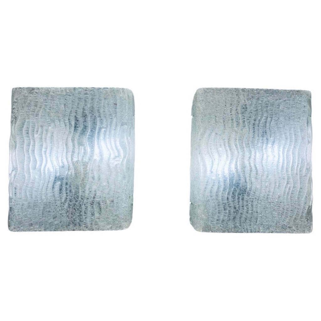 Pair Of Large Austrian 1960s J.T. Kalmar For Kalmar Lighting Waved Glass & Brass Wall Lights Or Wall Sconces