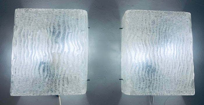 Pair Of Large Austrian 1960s J.T. Kalmar For Kalmar Lighting Waved Glass & Brass Wall Lights Or Wall Sconces photo for sale