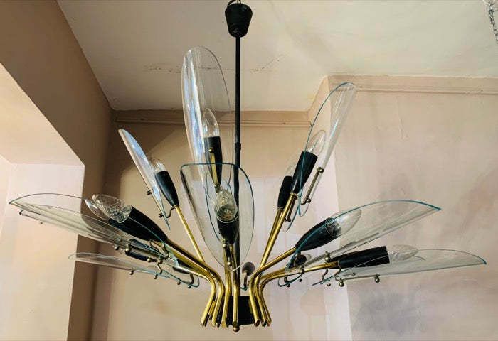 1950s Italian Brass And Glass Leaves Chandelier In The Style Of Fontana Arte photo buy