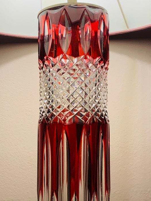 Lighting 1950s Vintage Val Saint Lambert Ruby Red And Clear Cut Crystal Glass Table Lamp photo