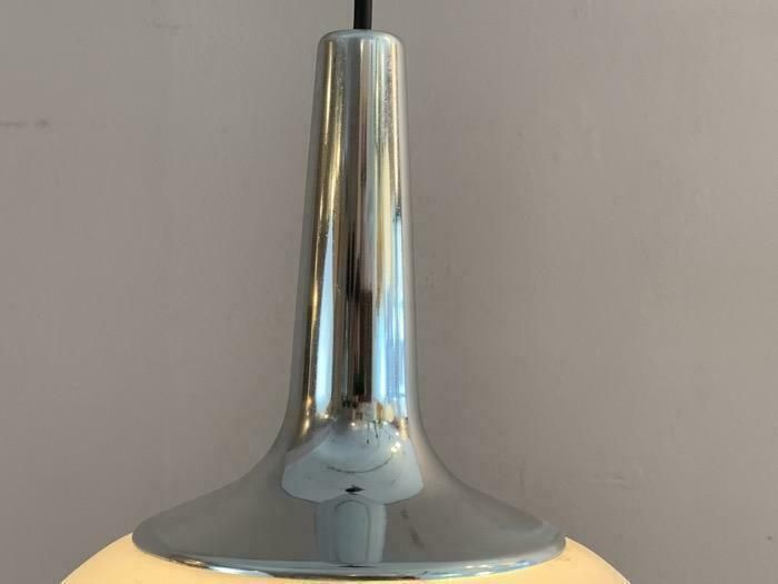 Lighting 1970s German Peill & Putzler Opaline & Chrome Pendant Hanging Light photo