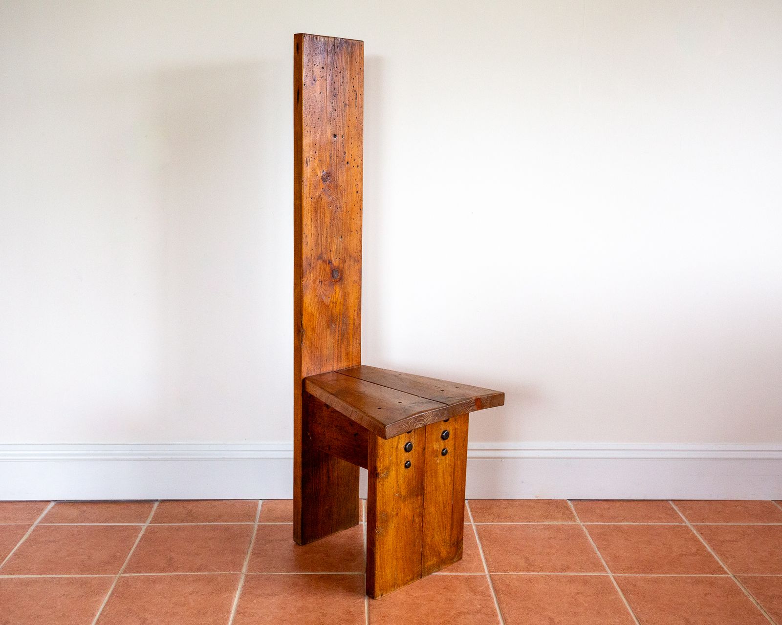 Brutalist Artisan Accent Chair Mid Century Tall Back Statement Pine Iron Rustic Craftsman Architectural Farmhouse Minimalis.T Reclaimed Primitive Folk photo for sale