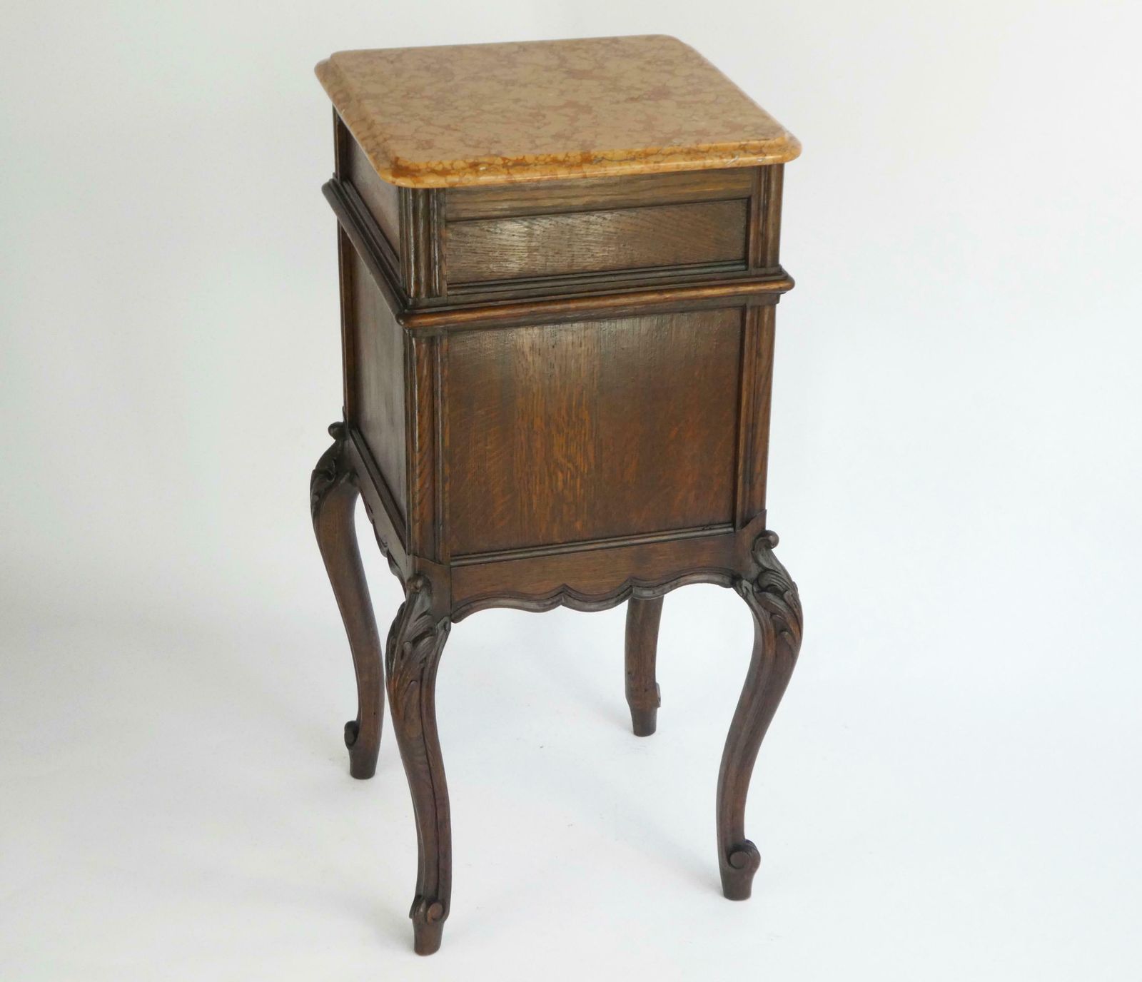 photo for sale Antique French Louis XV Wooden Side Table With Marble, Walnut Carved Tall Chest, Beside Table, Entryway Furniture
