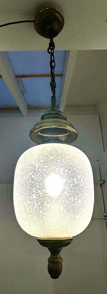 1960s Italian Brass & Etched Frosted Glass Gaetano Sciolari Pendant Hanging Ceiling Lamp photo vintage