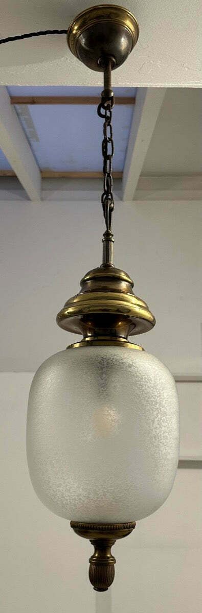 photo buy 1960s Italian Brass & Etched Frosted Glass Gaetano Sciolari Pendant Hanging Ceiling Lamp