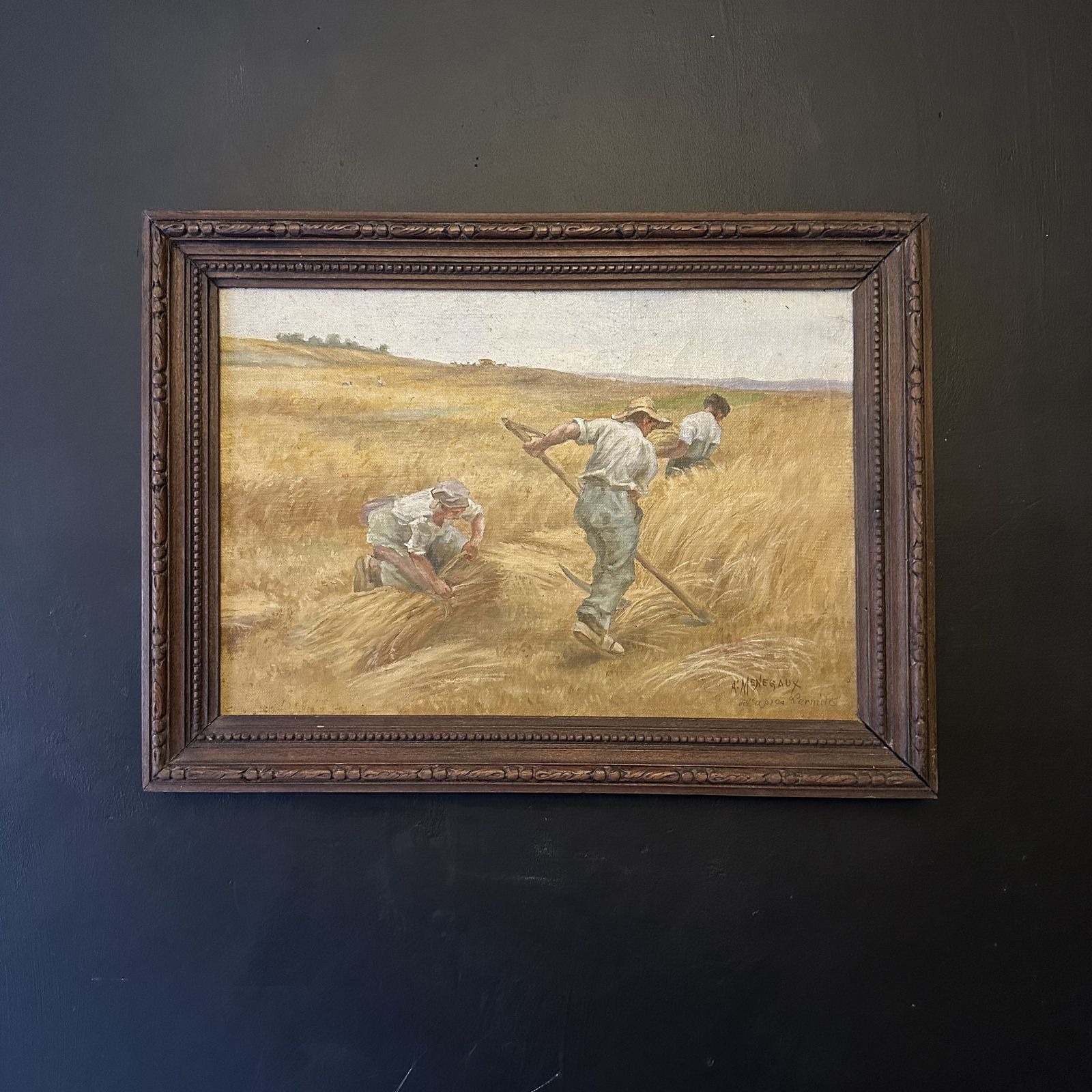 Stunning French School Oil Painting On Canvas “A.Ménégaux” Cutting The Hay. Signed. Original Frame