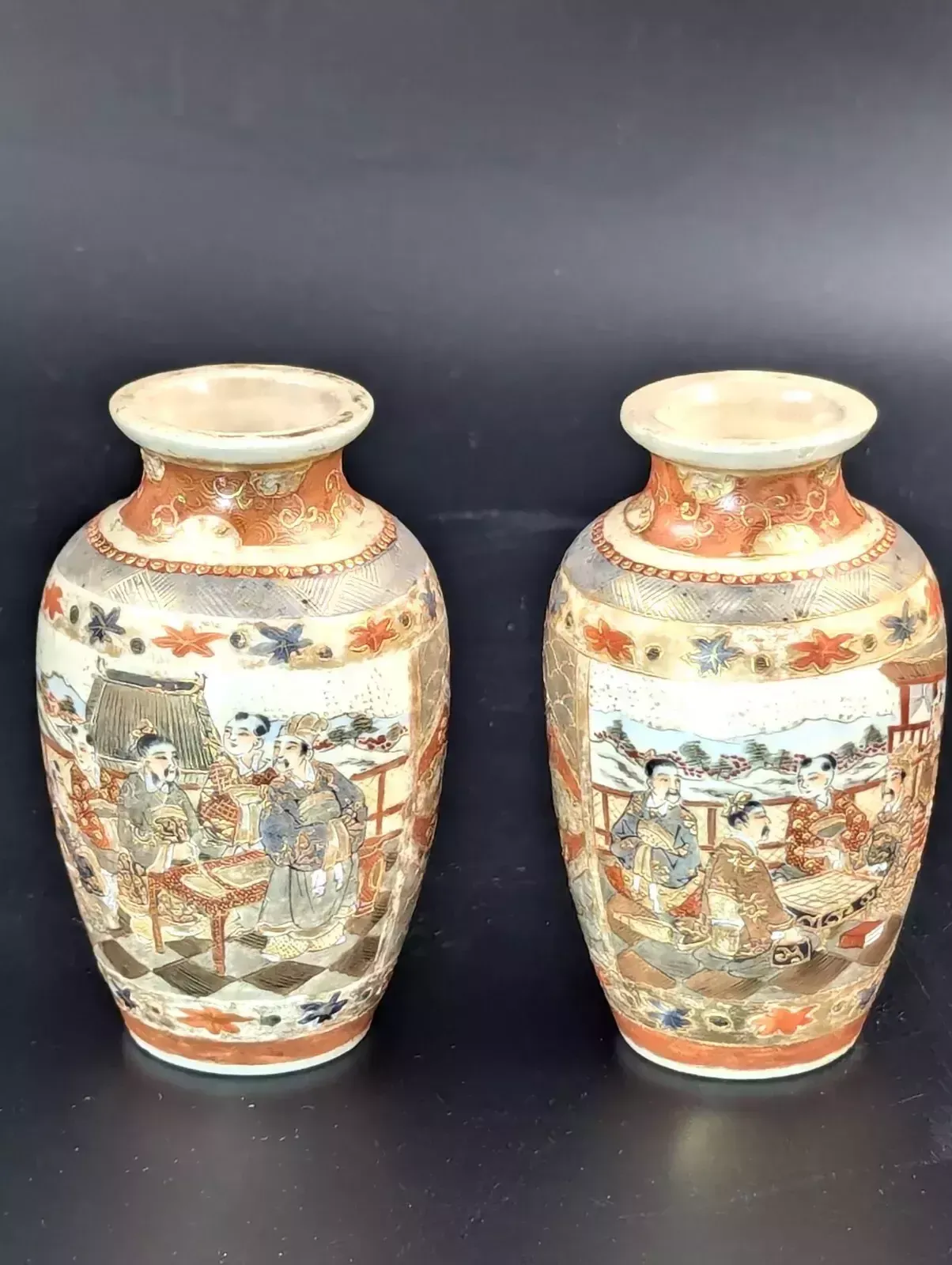 Antique Small Hand Painted Vases, Kutani, Japan, Meiji Period
