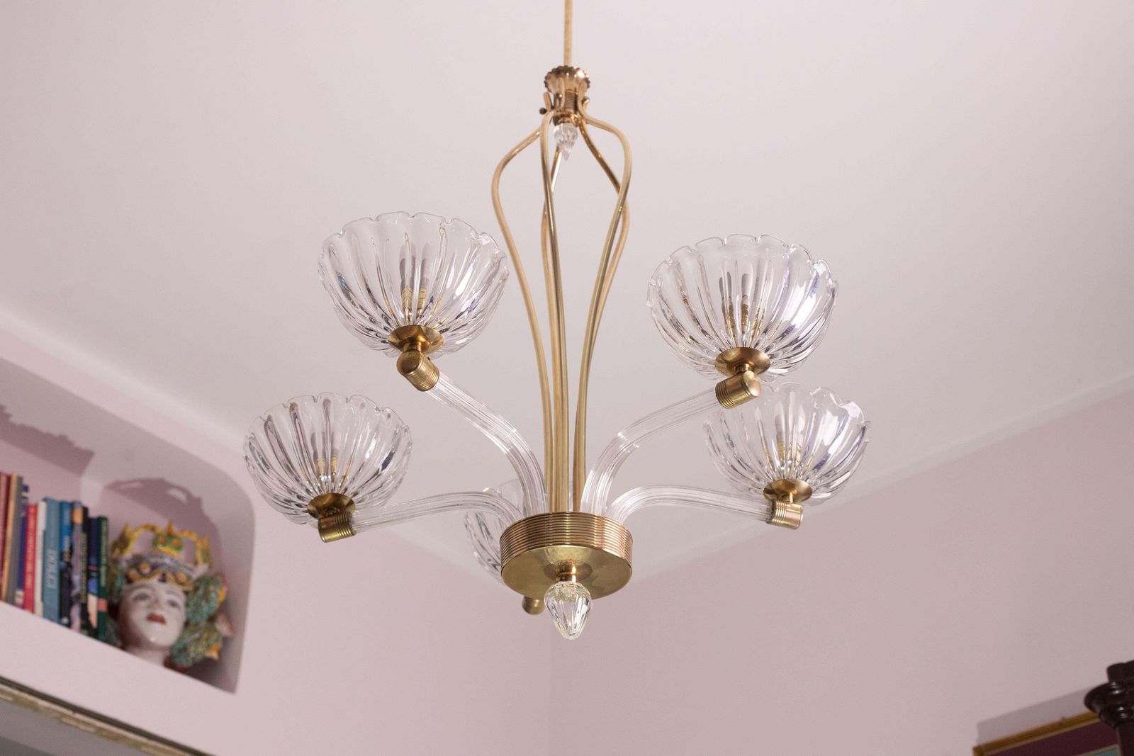 Lighting Extraordinary 5 Light Art Deco Murano Glass And Brass Chandelier By Barovier photo
