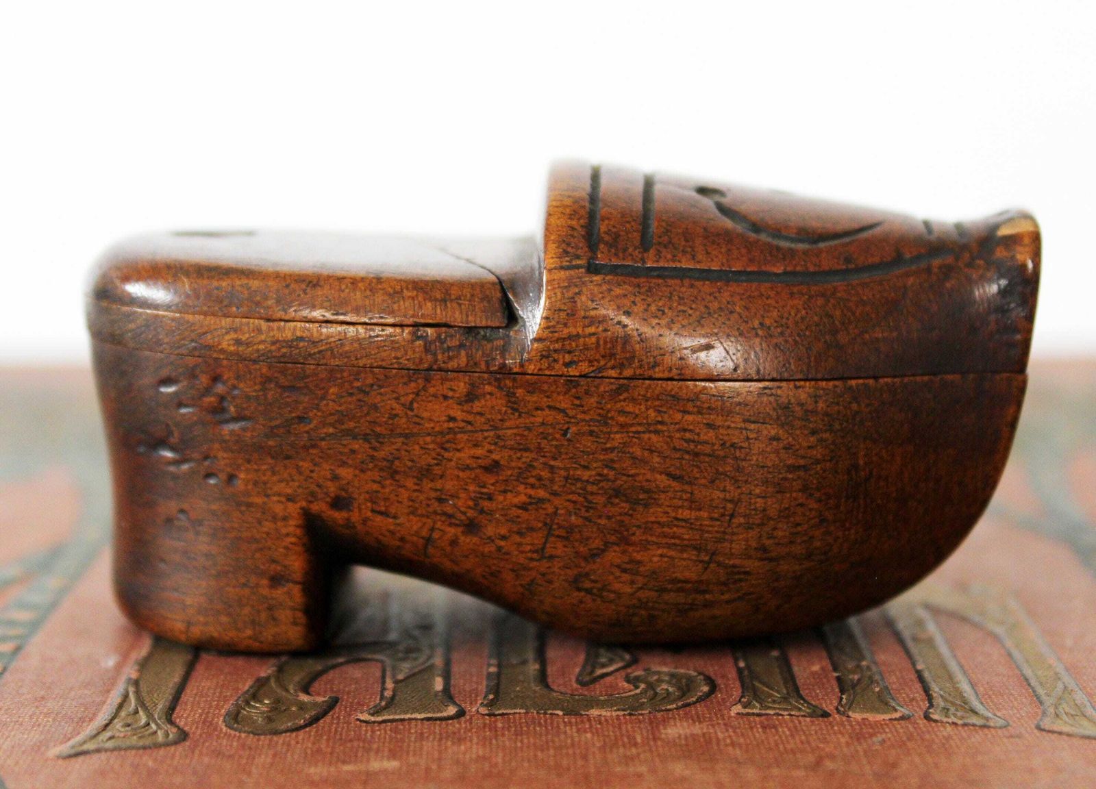 Antique French Or Belgium Small Wood Shoe Snuff Box, Carved Clog, Folk Art, Treen Box, 19th Century, Hinged Box, Little Box, Puzzle Box photo furniture