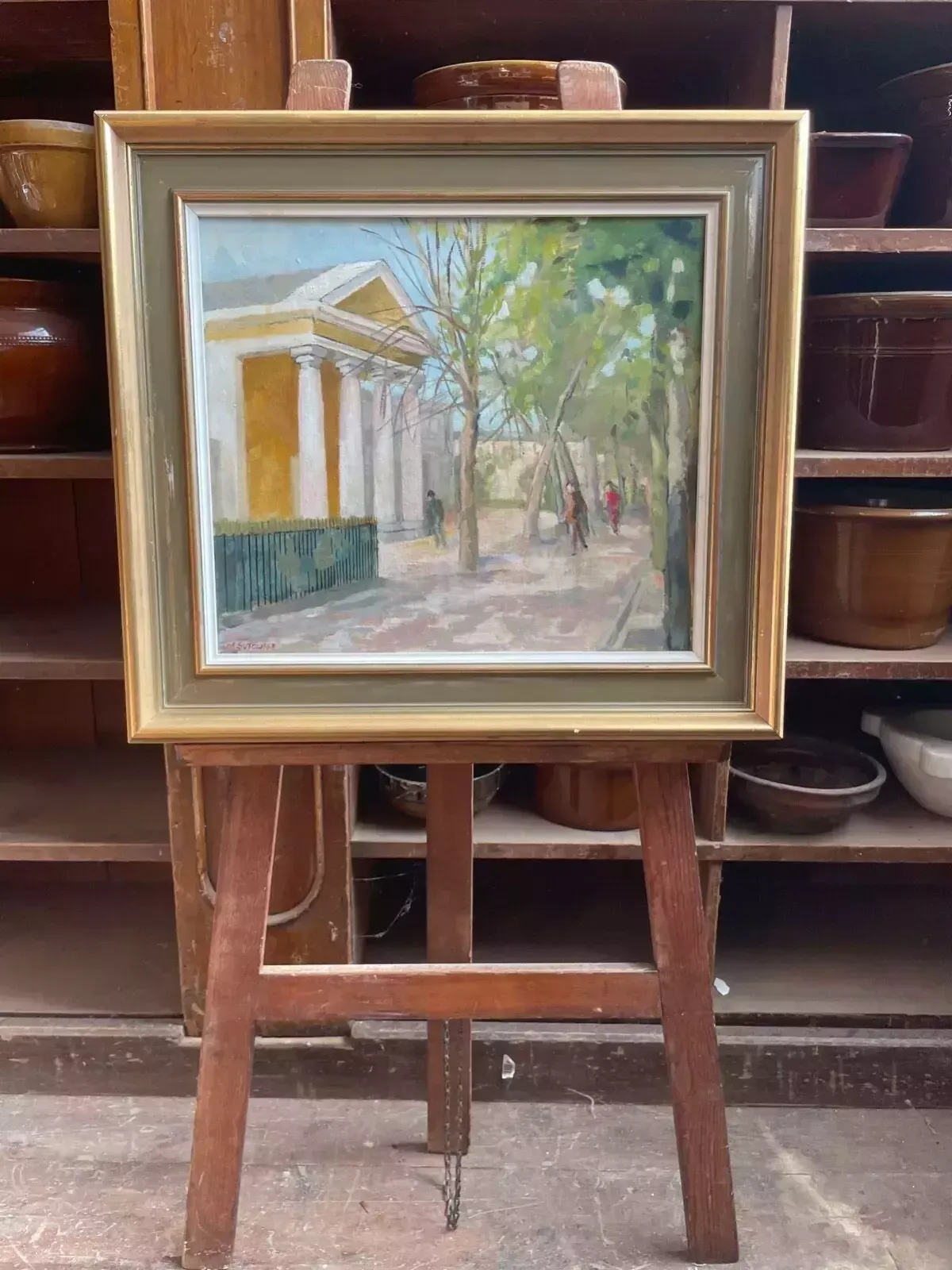 1990s M Sutcliffe Oil On Board Contemporary Street Scene Landscape Paining.