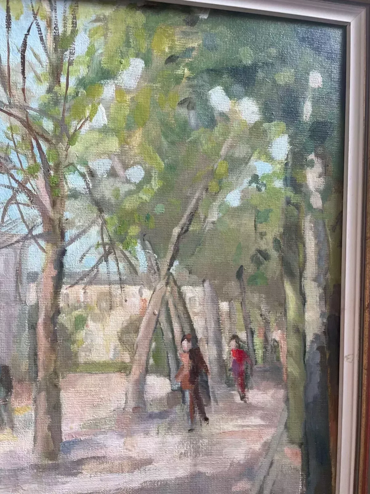 1990s M Sutcliffe Oil On Board Contemporary Street Scene Landscape Paining. photo vintage