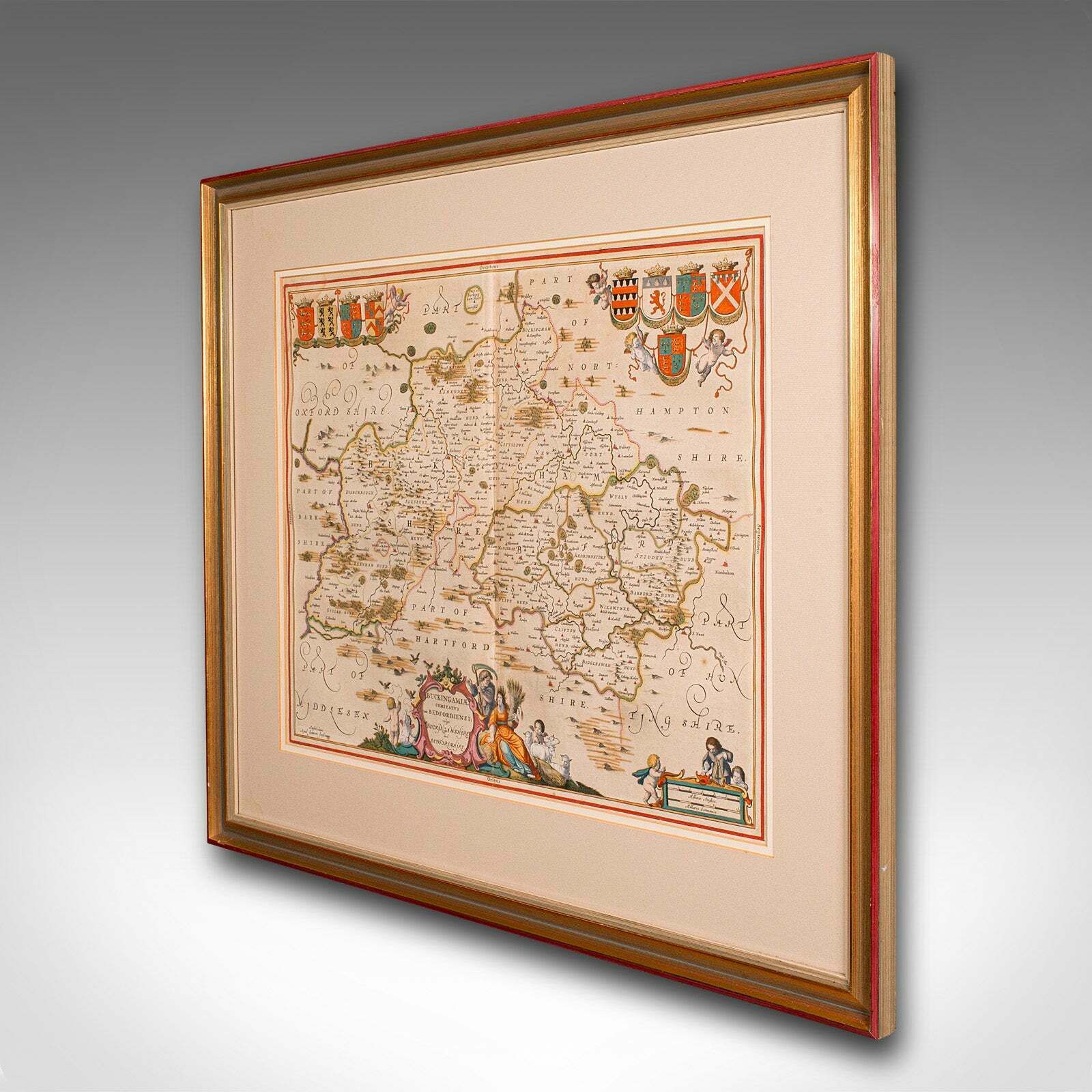 Antique County Map, Buckinghamshire, Bedfordshire, Dutch, Framed, Janssonius photo for sale