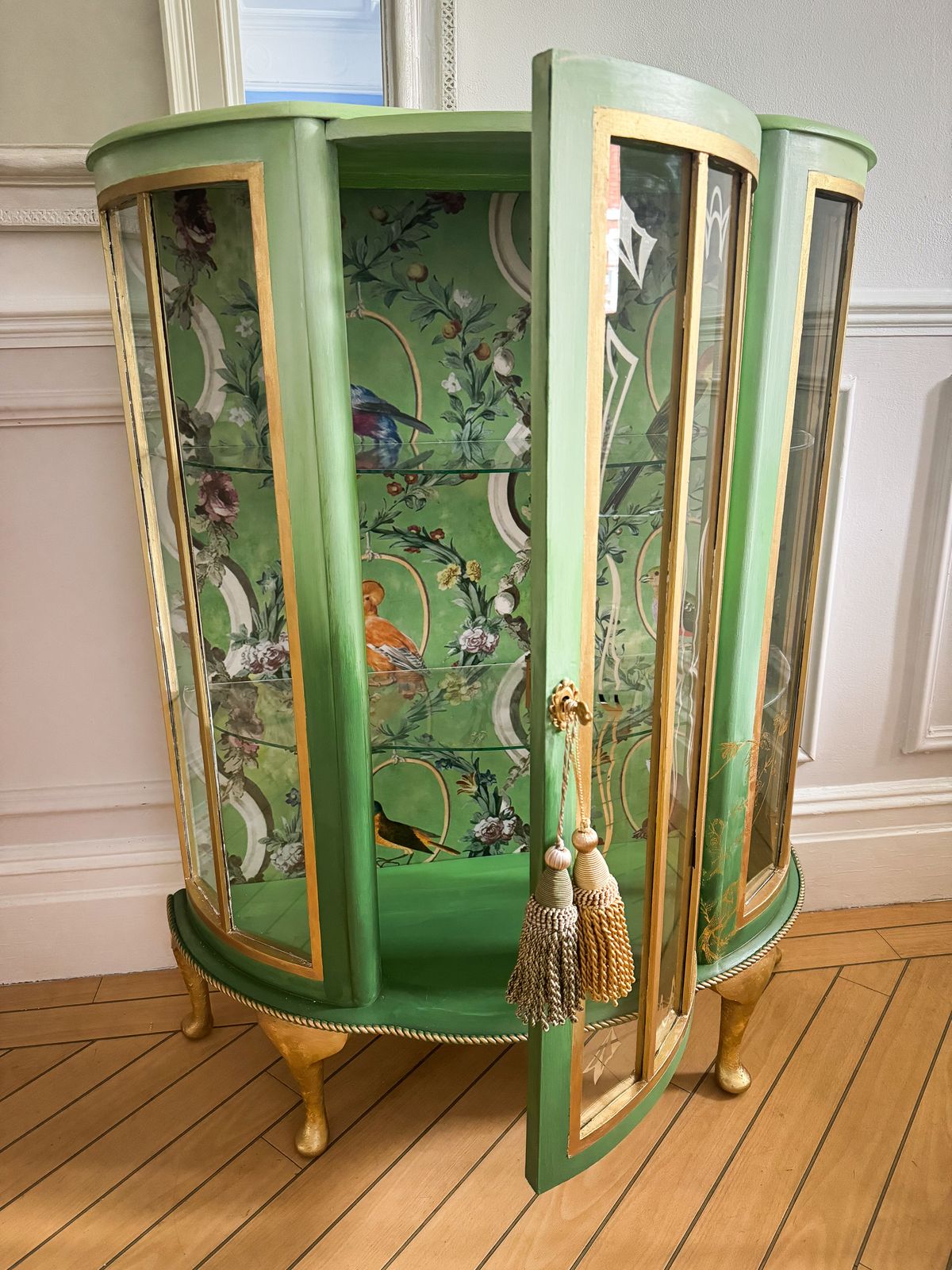 Professionally Finished Paradise Green And Gold Luxury Drinks Cabinet Hand Painted photo for sale