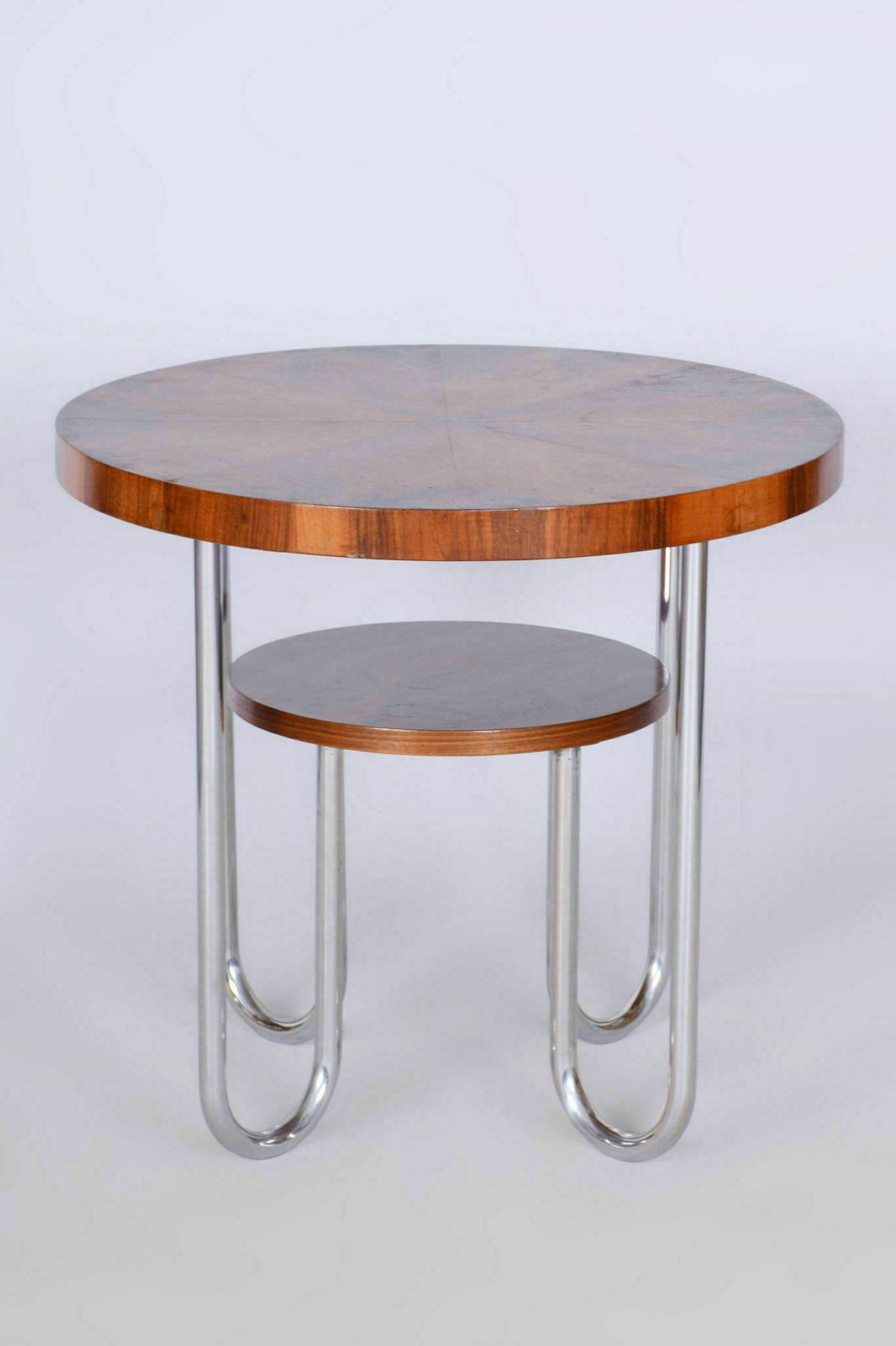 Restored Bauhaus Round Table, By Robert Slezák, Spruce, Walnut, Czech, 1930s photo furniture