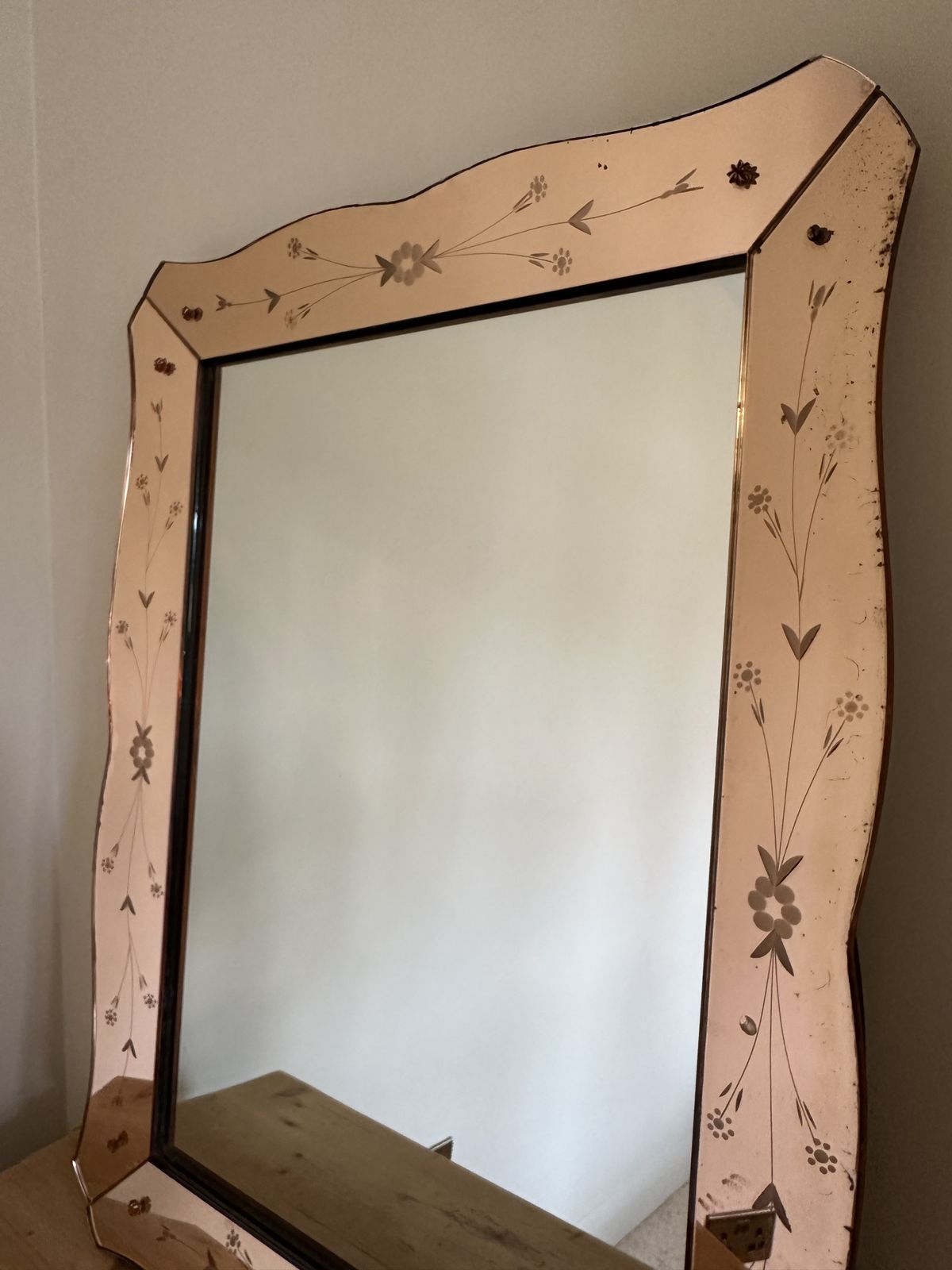 photo for sale 1950's Italian Pink Glass Bevelled Venetian Crystal Art Mirror