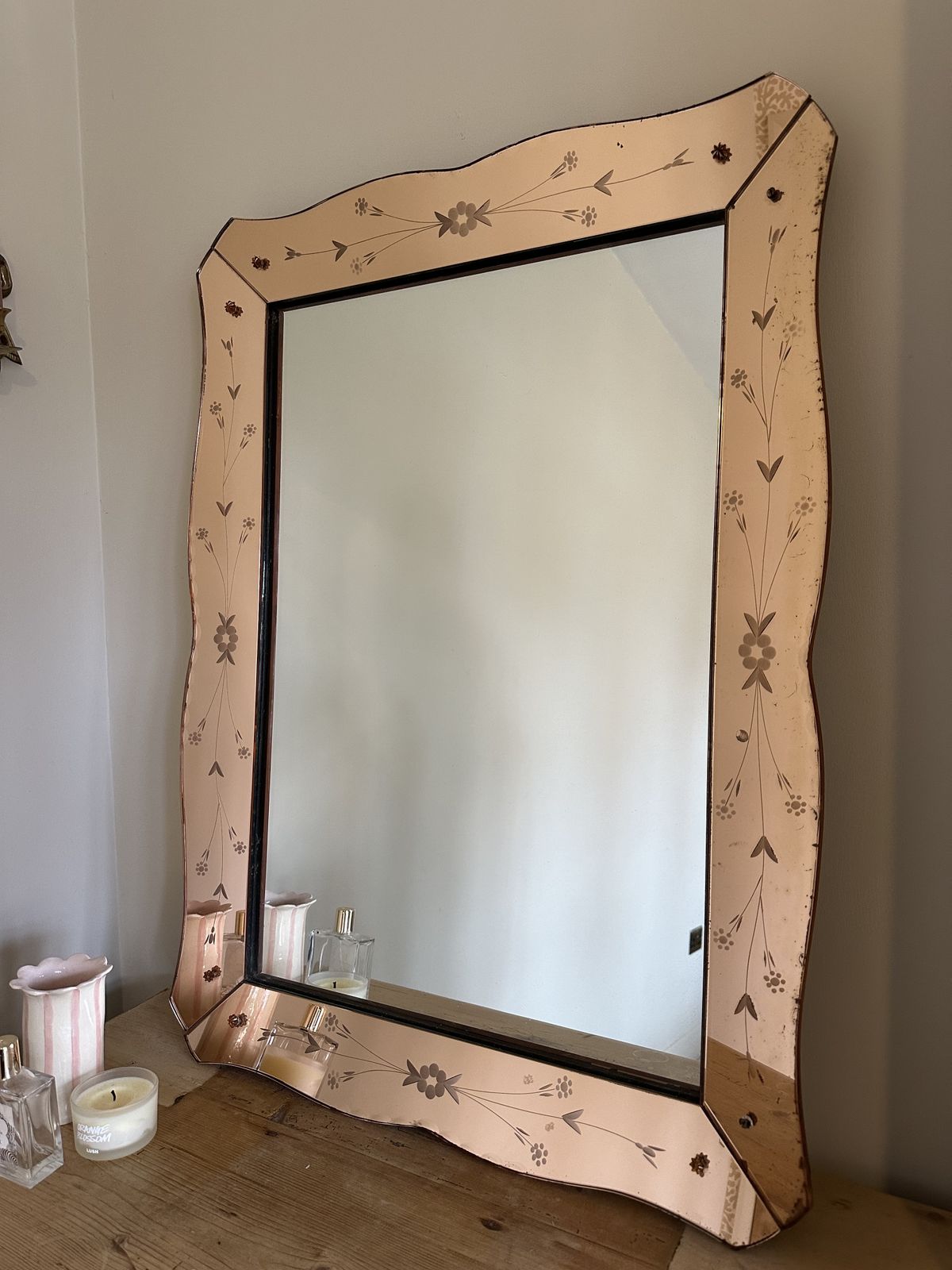 photo buy 1950's Italian Pink Glass Bevelled Venetian Crystal Art Mirror