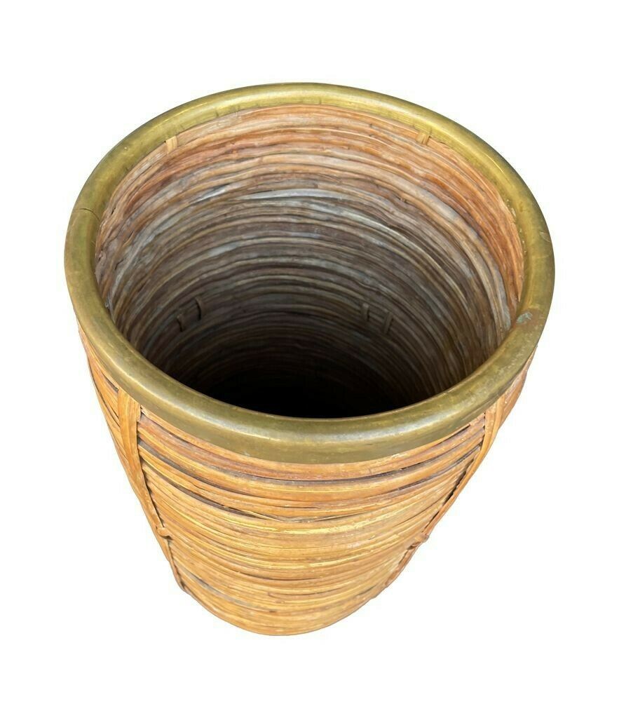 A Gabriella Crespi Style 1970s Italian Woven Pencil Reed Bamboo And Brass Umbrella Stand photo for sale