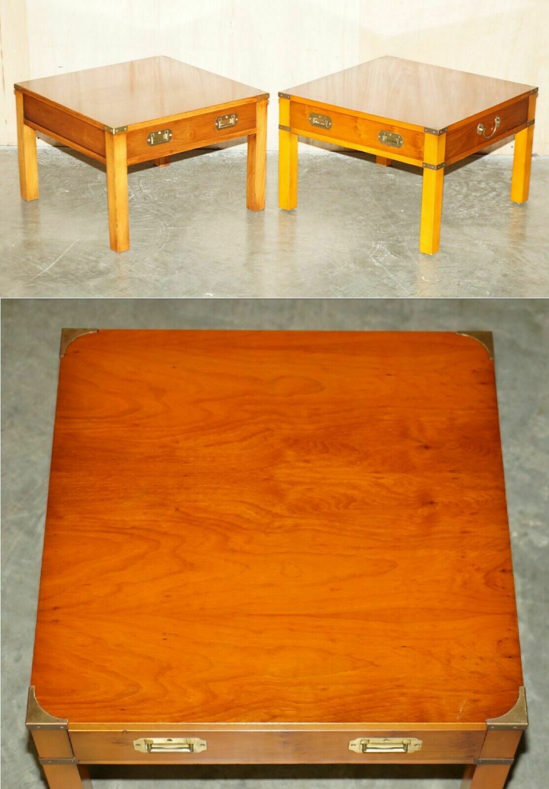 Stunning Pair Of Military Campaign Style Yew Wood Single Drawer Side End Tables