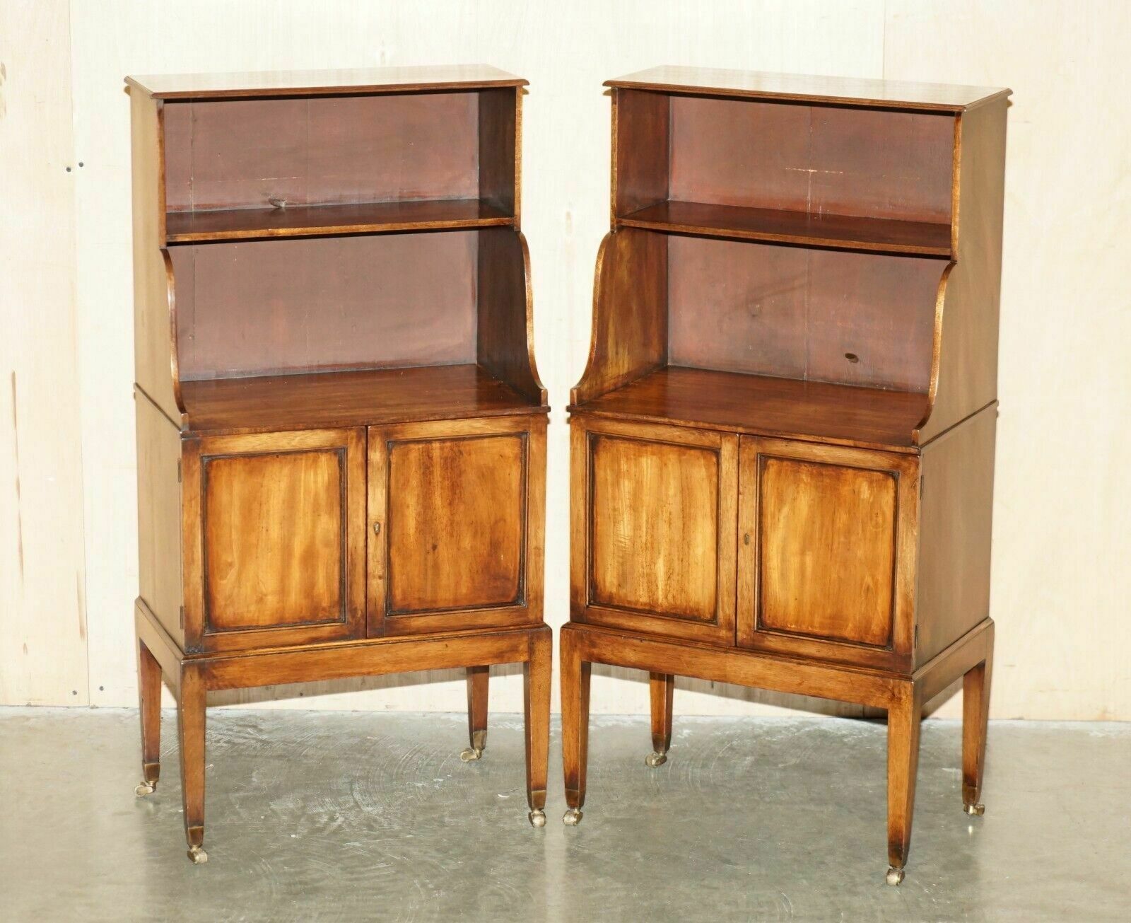 Pair Of Original Antique Regency Circa 1815 Dwarf Open Waterfall Bookcases