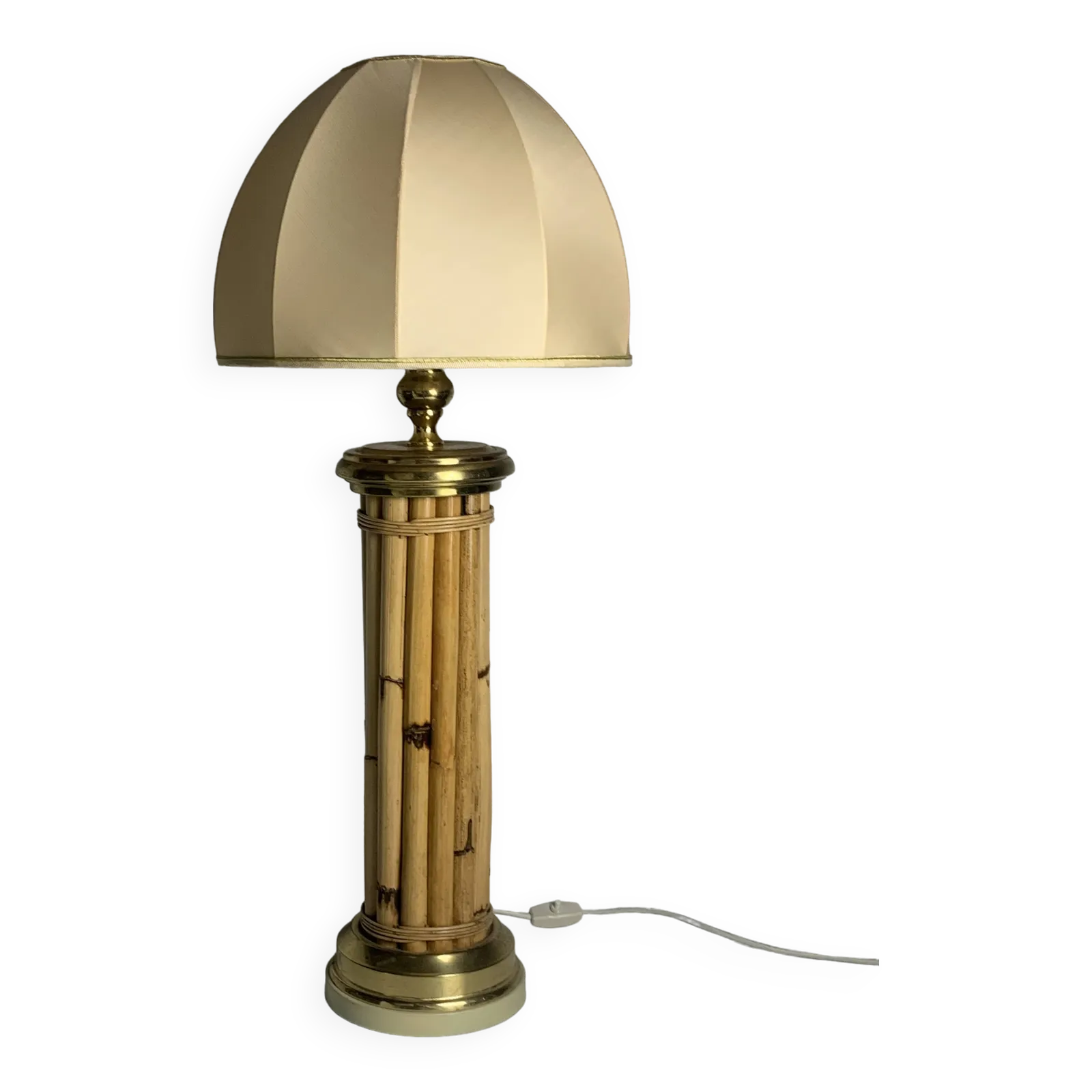 Midcentury Bamboo And Brass Large Mushroom Table Lamp By Leola, 1960s