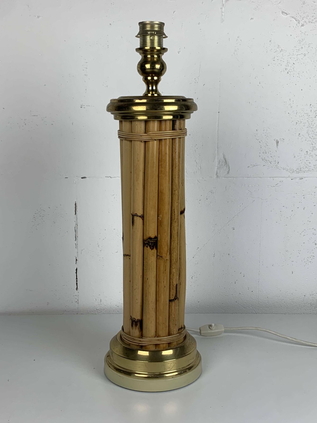 Midcentury Bamboo And Brass Large Mushroom Table Lamp By Leola, 1960s photo for sale