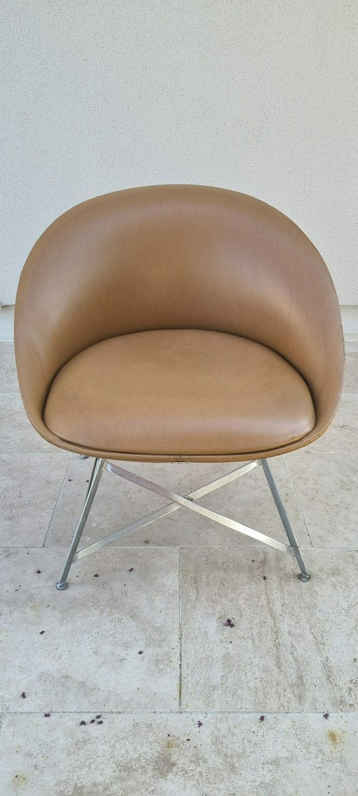 photo furniture Vintage 1950s French Style Egg Chair In Cognac Faux Leather.