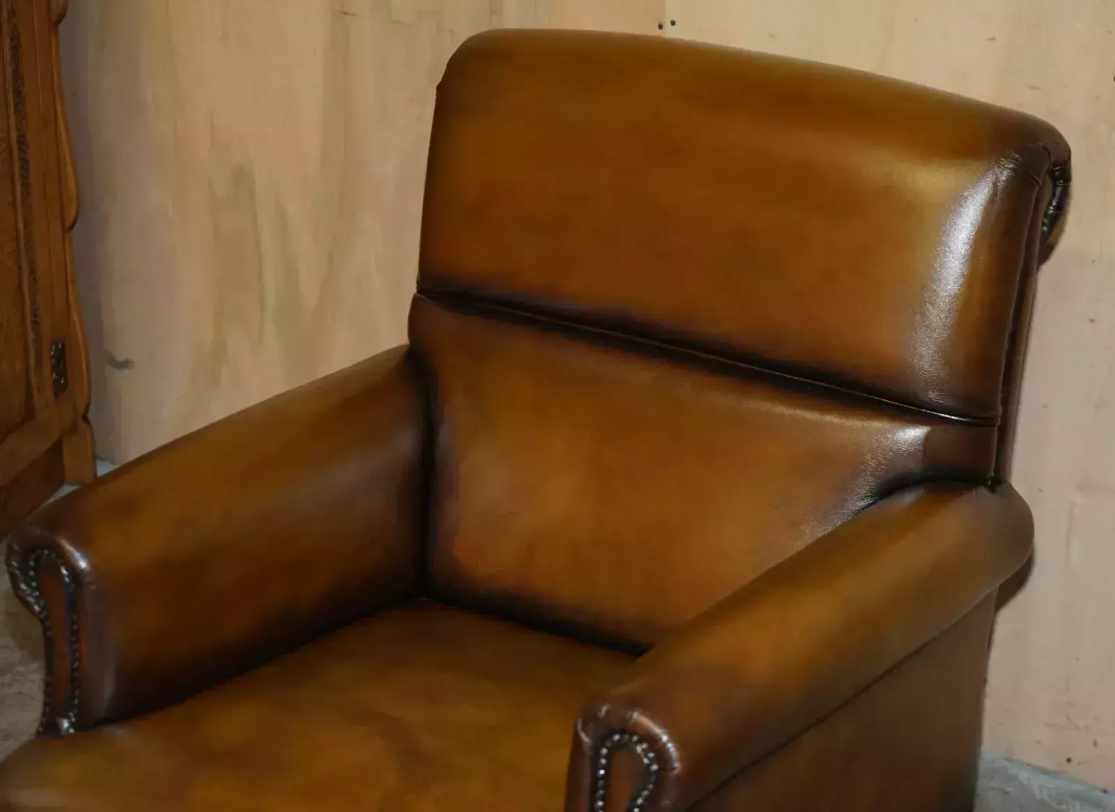 Comfortable Pair Of Rolled Back Restored Cigar Brown Leather Club Armchairs photo Furniture