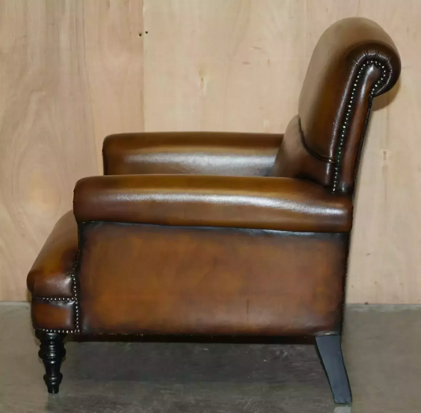 photo vintage Comfortable Pair Of Rolled Back Restored Cigar Brown Leather Club Armchairs