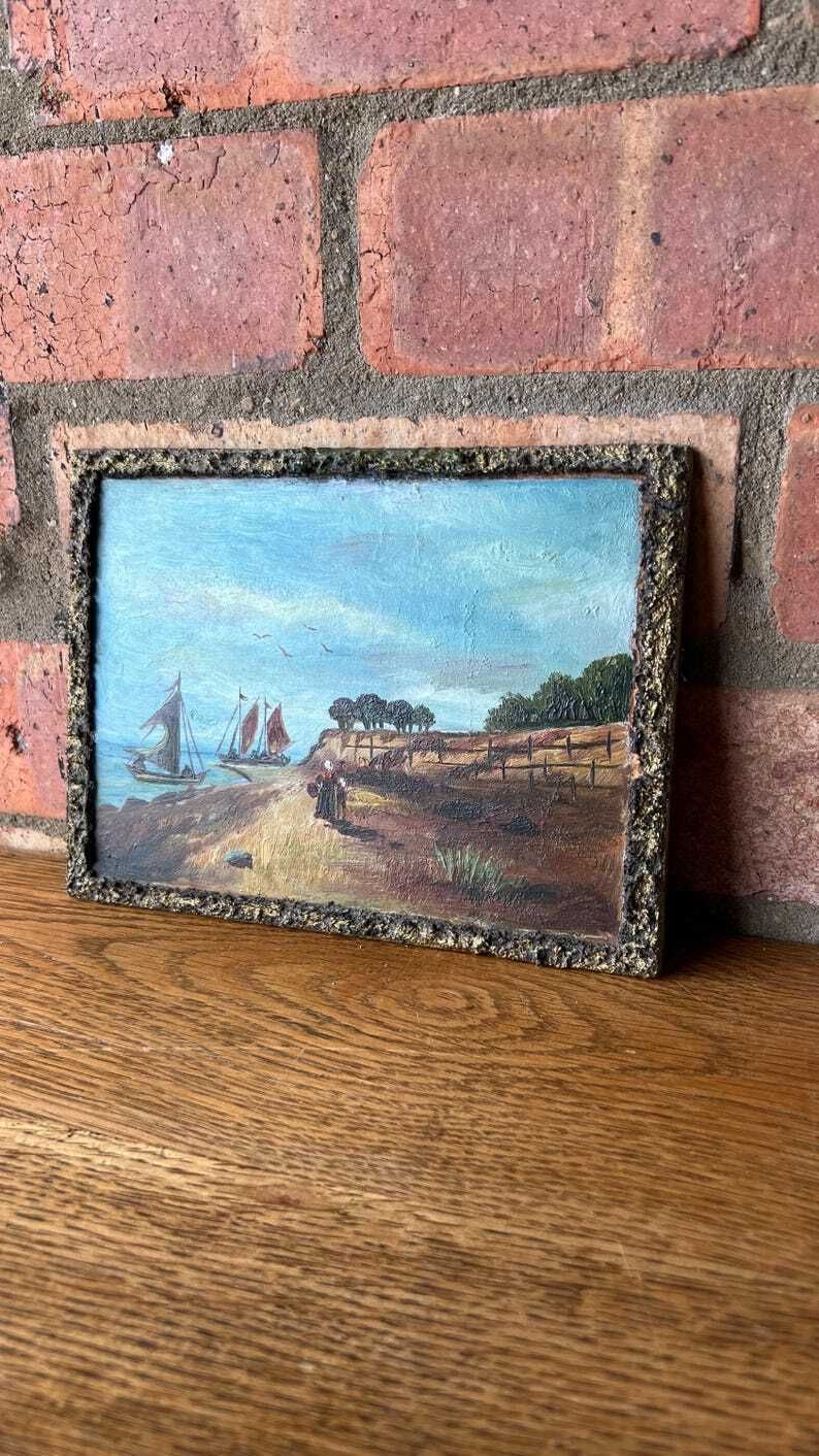 Mid Century Miniature Oil Painting Depicting A Sea Shore photo for sale