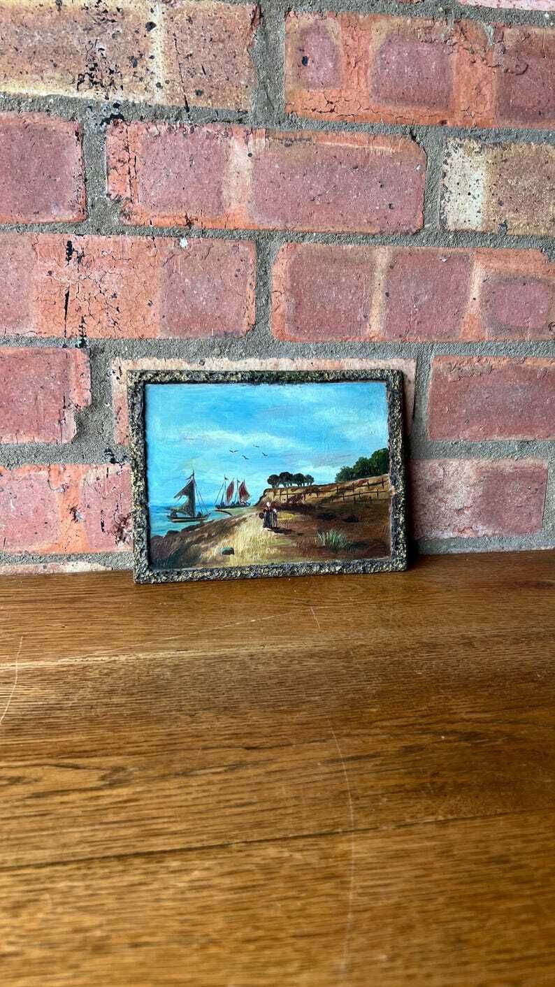 Mid Century Miniature Oil Painting Depicting A Sea Shore photo buy