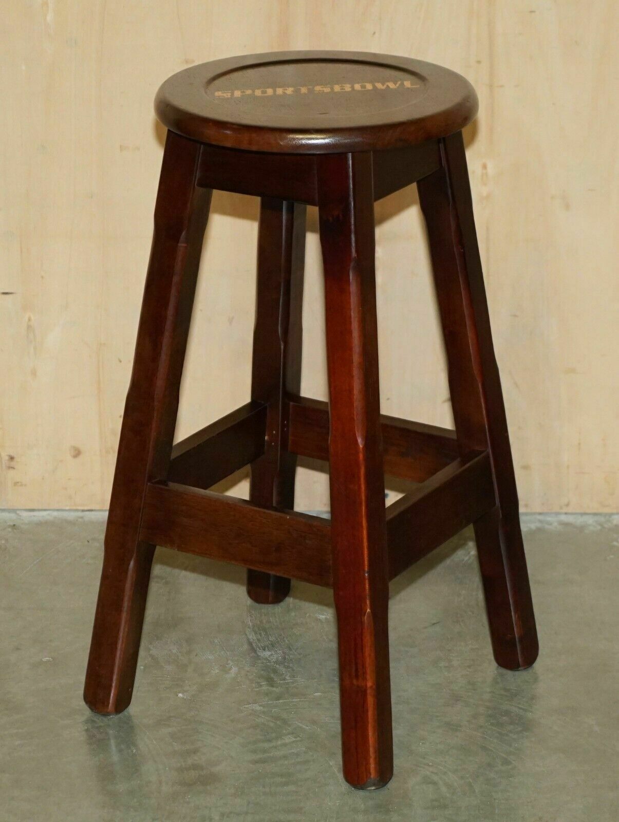 Three Original American Sports Bowl Kitchen Bar Pub Stools In Mahogany photo for sale
