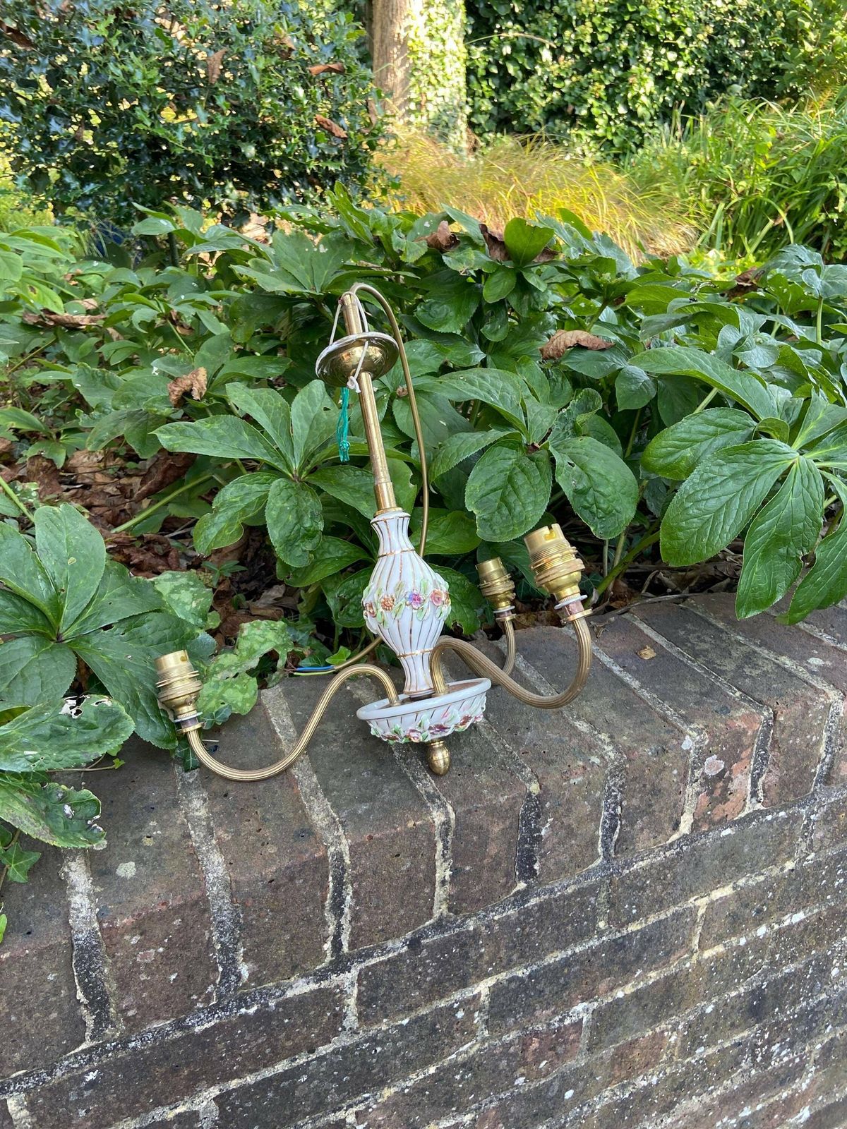 Mid 20th Century Pretty Porcelain Floral And Brass Three Armed Ceiling Light   Ready To Wire