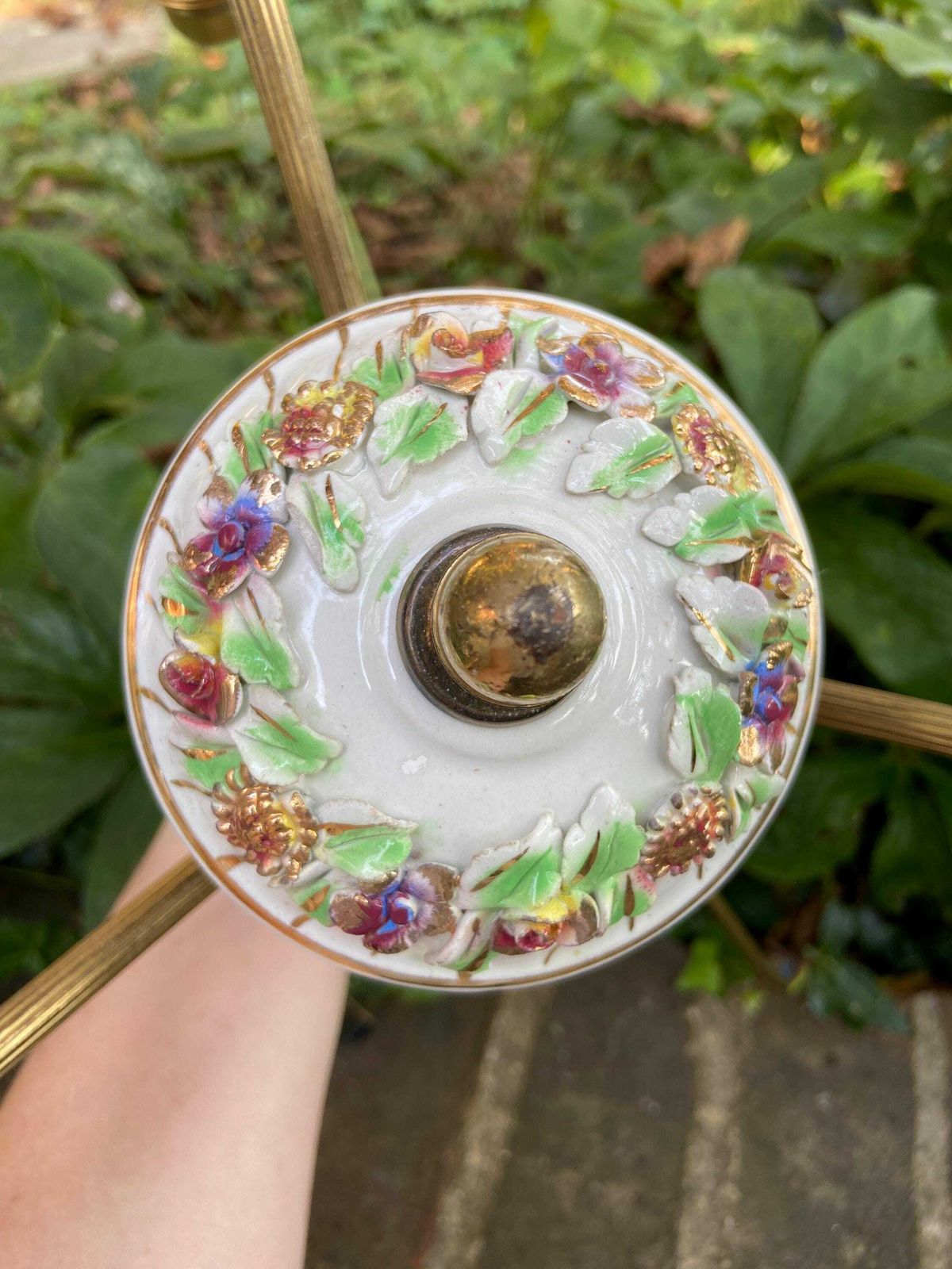 Mid 20th Century Pretty Porcelain Floral And Brass Three Armed Ceiling Light   Ready To Wire photo furniture