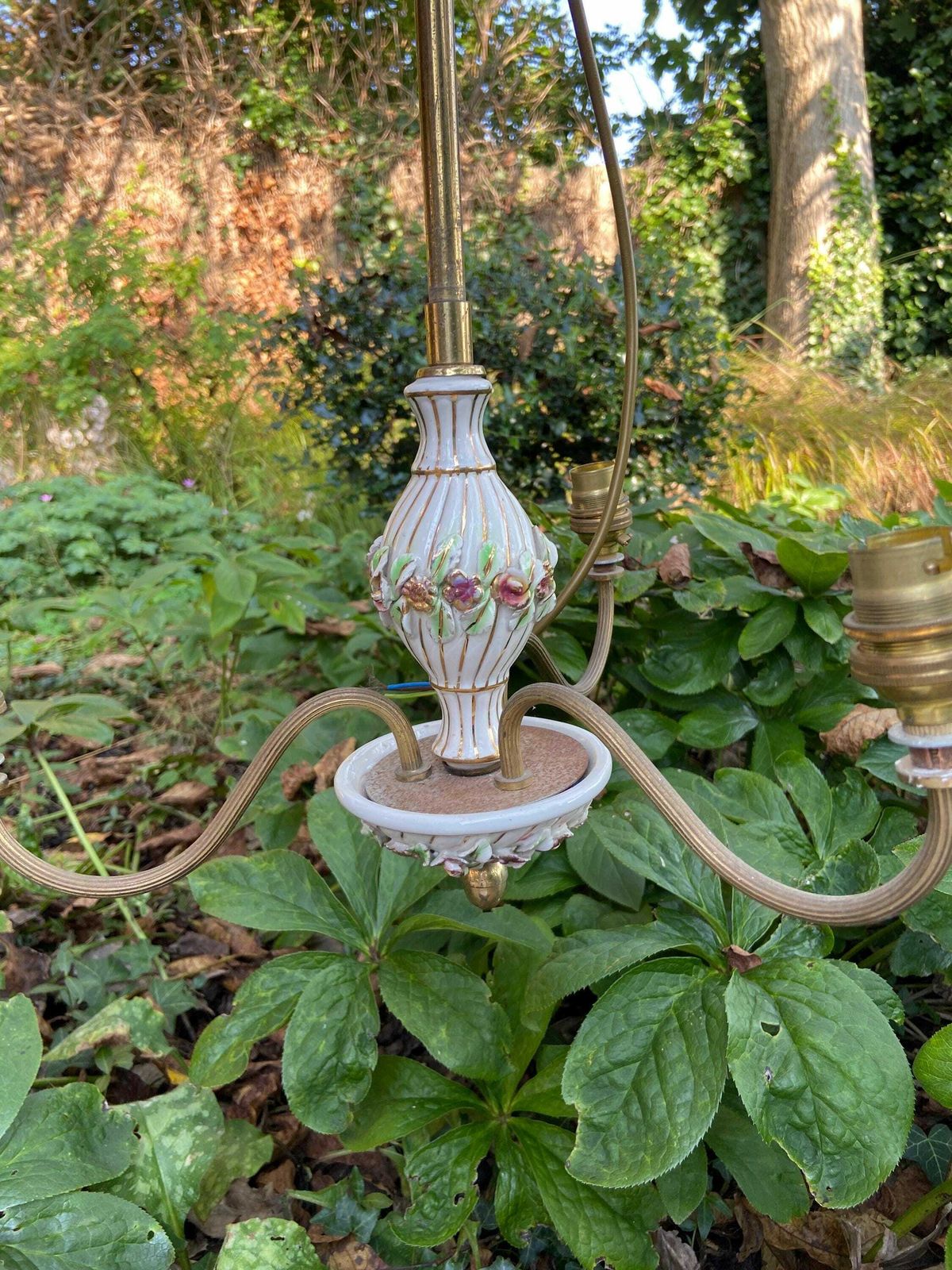 Mid 20th Century Pretty Porcelain Floral And Brass Three Armed Ceiling Light   Ready To Wire photo 85.0