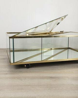 Vintage Italian Table In Golden Brass And Crystal, 1960s photo Furniture