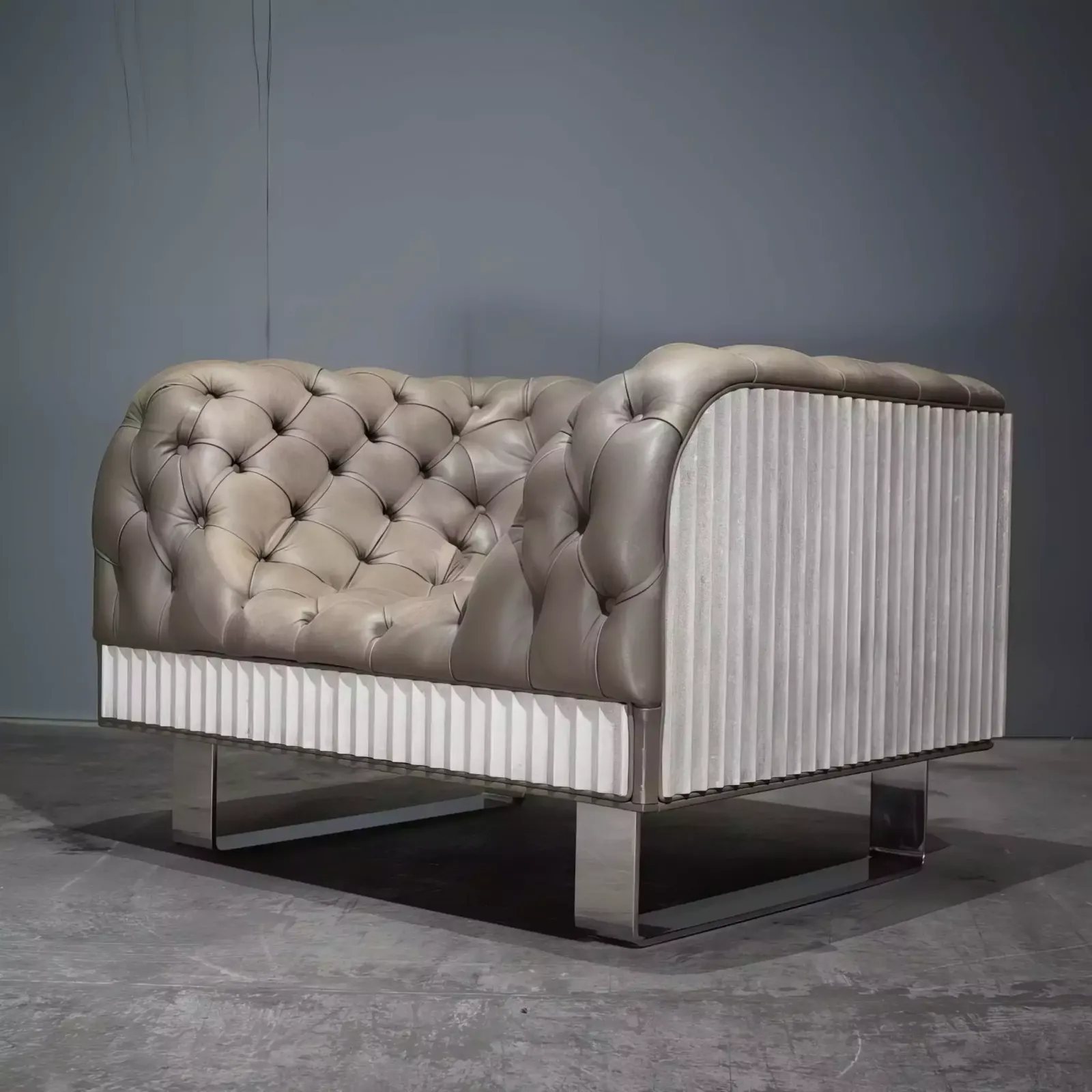 Bespoke Concrete Armchair In Pewter Grey Napa Leather With Soft Chesterfield Detailing photo Furniture