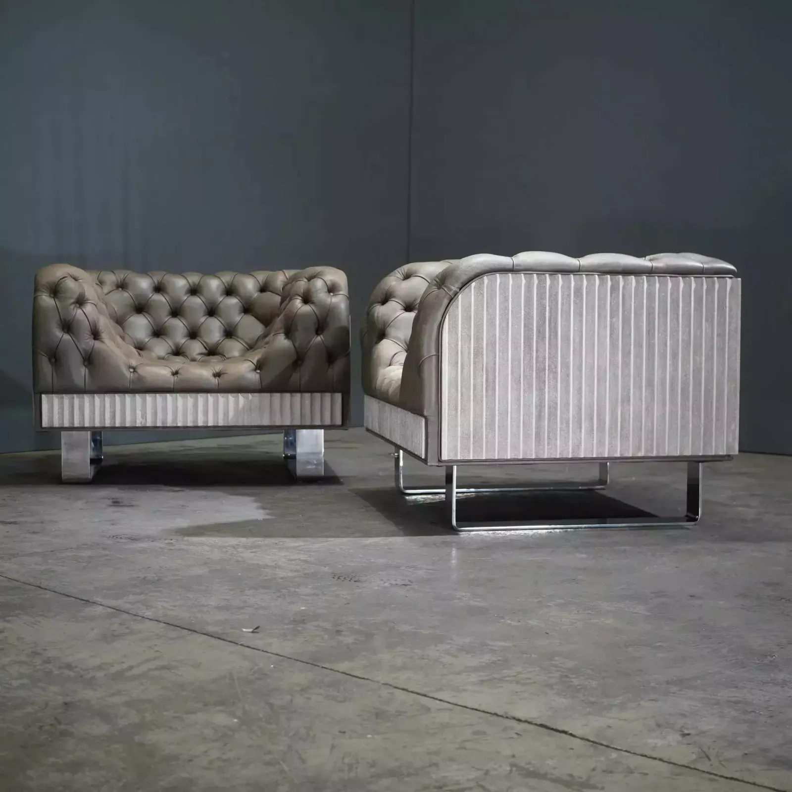 Bespoke Concrete Armchair In Pewter Grey Napa Leather With Soft Chesterfield Detailing photo 9100.0