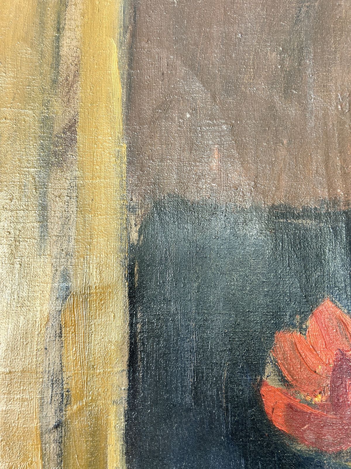 Abstract Oil On Canvas Of Amaryllis. Muted Brown Tones, Naively Pinned To Vintage Frame. photo 180.0