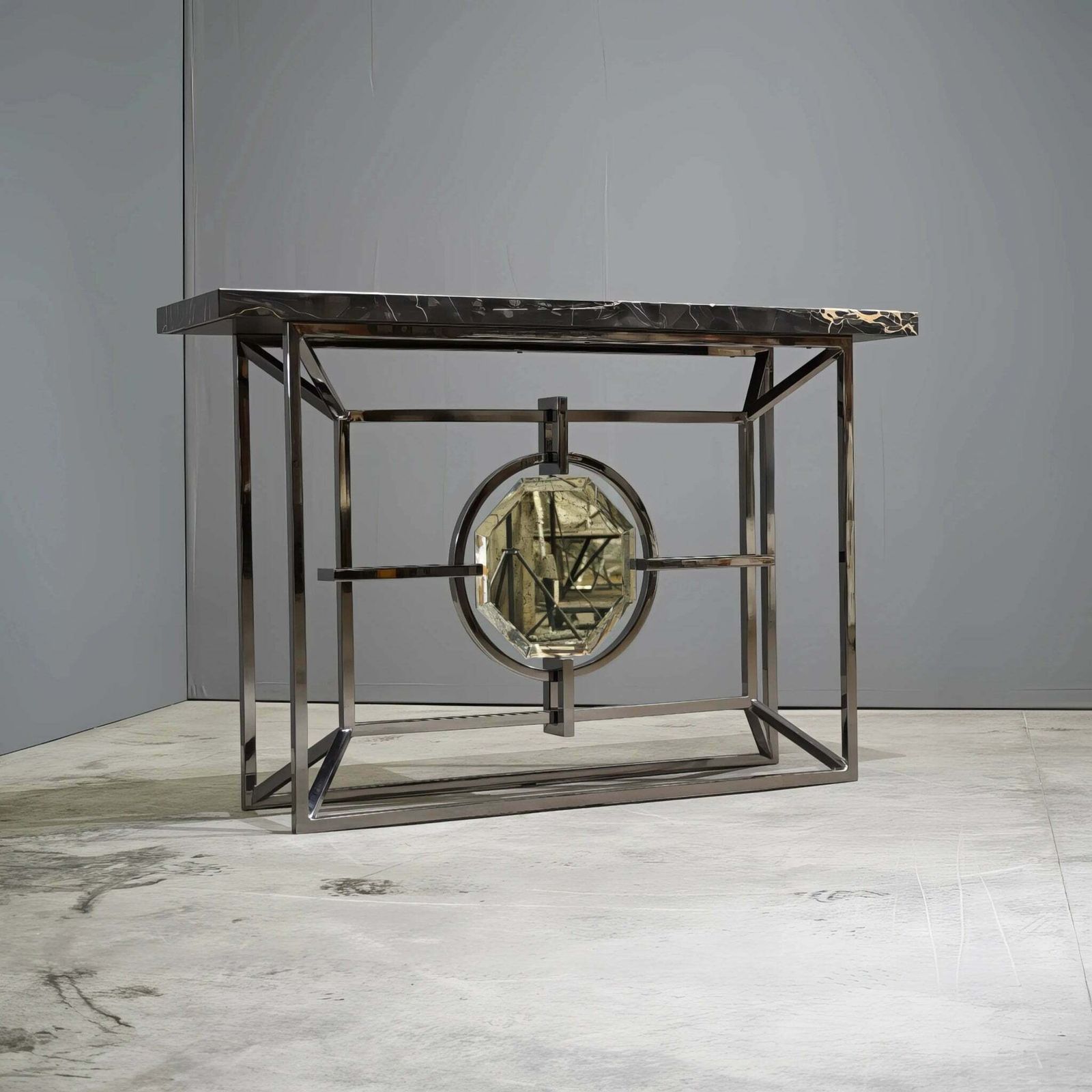 Bespoke Arabescato Corchia Black Marble Top Console Table With Plated Steel Base photo Furniture