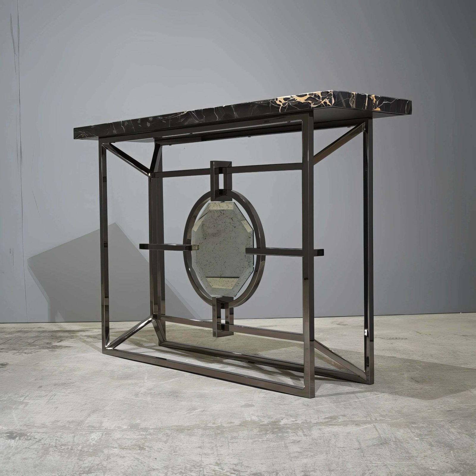 Bespoke Arabescato Corchia Black Marble Top Console Table With Plated Steel Base photo 5460.0