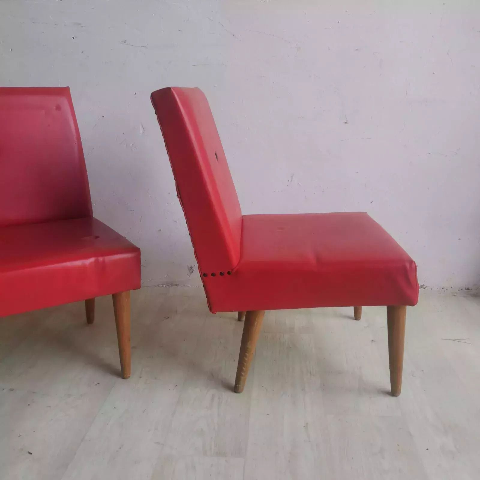 Vintage Retro Mid Century Lightweight Chairs Original 60s Wood, Red Vinyl Quirky photo Furniture