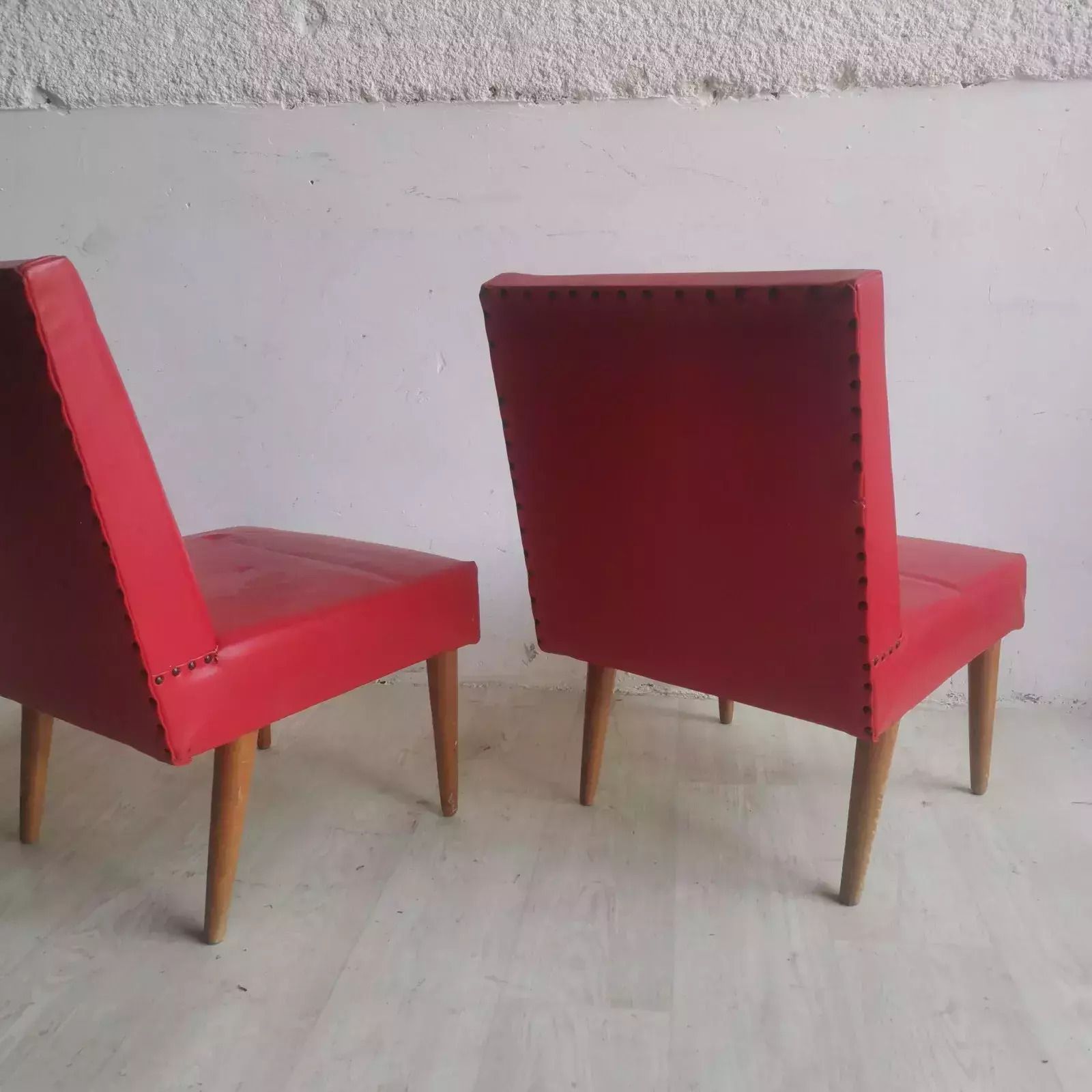 Vintage Retro Mid Century Lightweight Chairs Original 60s Wood, Red Vinyl Quirky photo 80.0