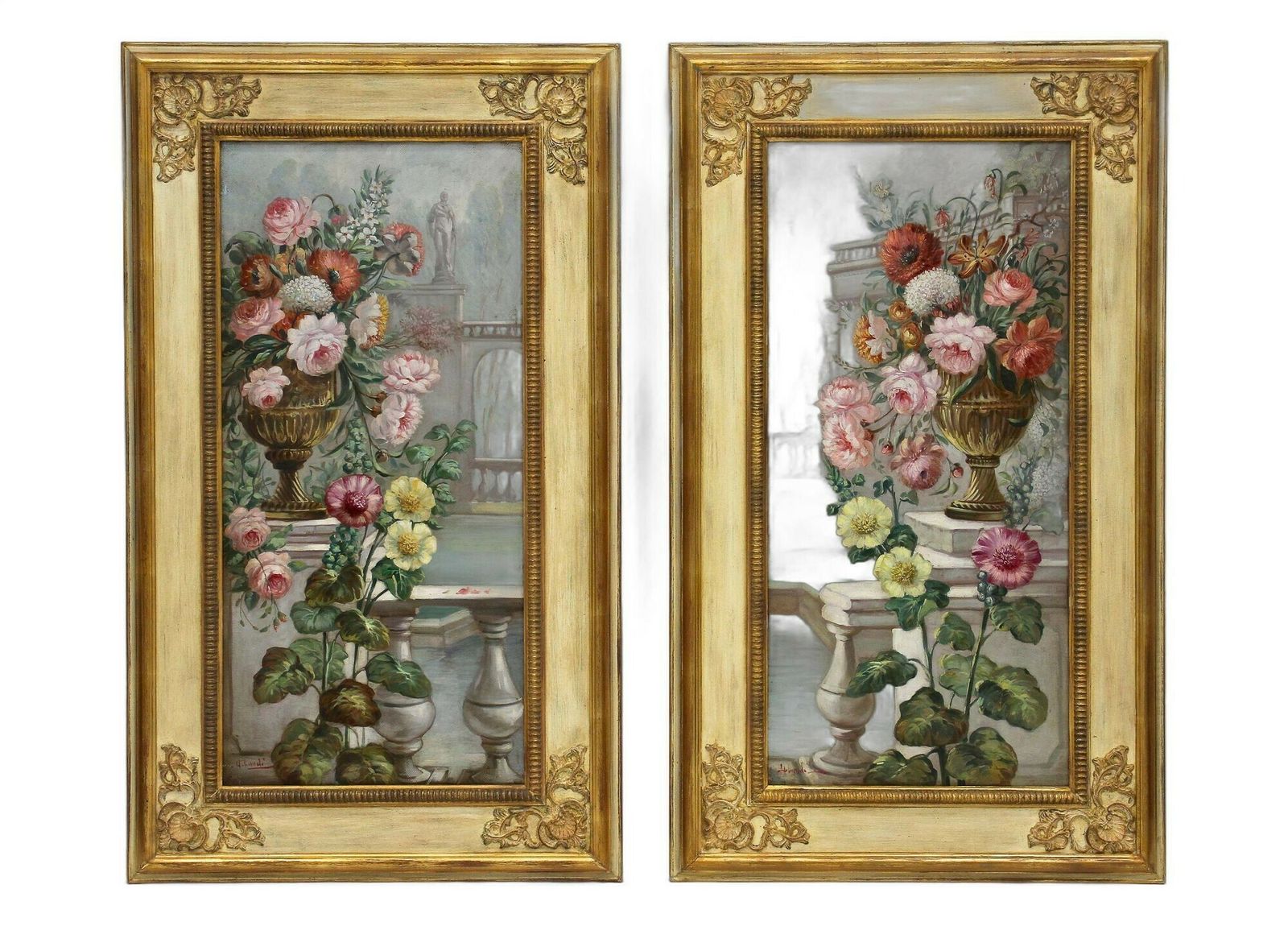 Pair Of Floral Still Life Oil Paintings, Signed V. Landi, Framed, It Ca. 1990