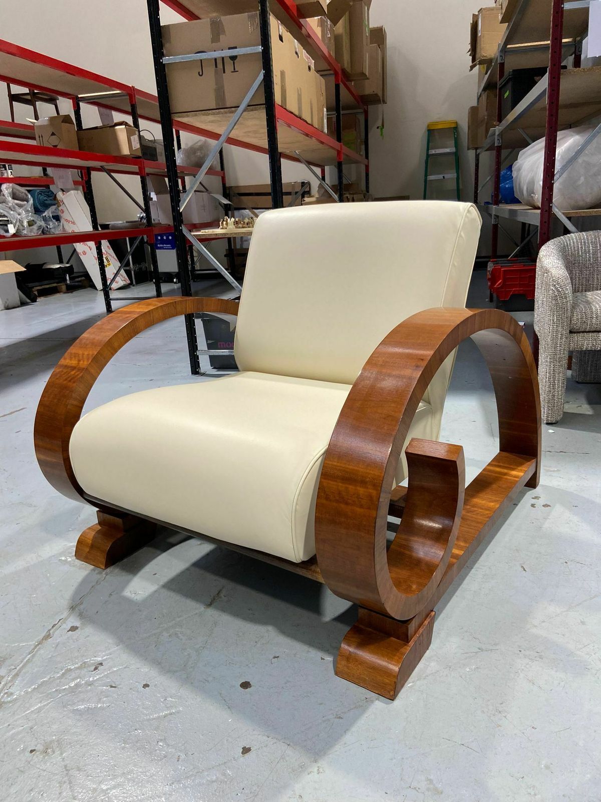 English Art Deco Style Walnut & Cream Leather Reclining Lounge Armchair / Chair (Circa 1970) photo 2250.0